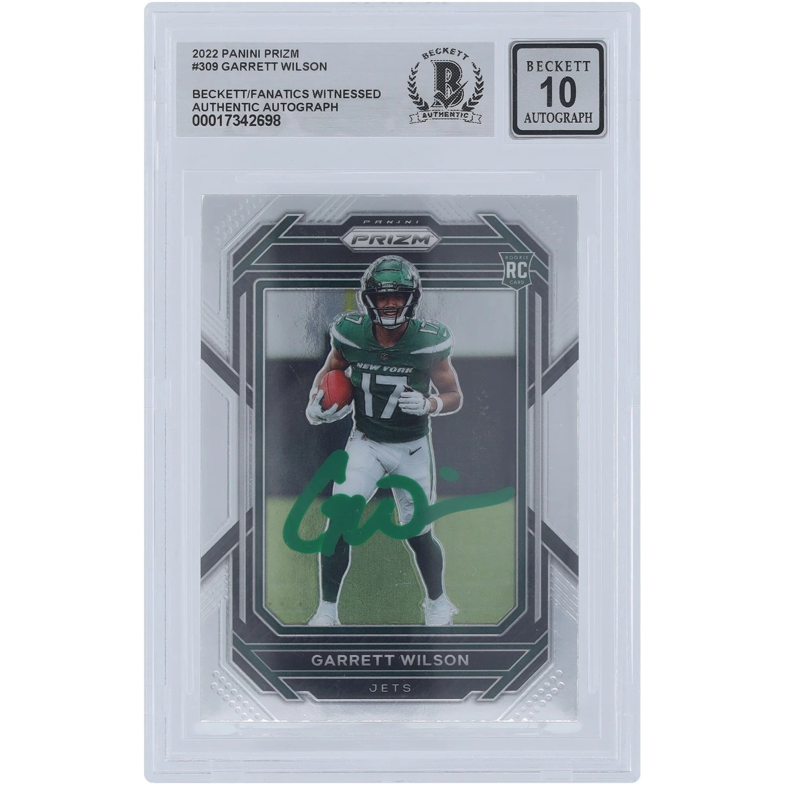 Garrett Wilson Signed 2022 Panini Prizm Green Ink #309 Rookie Card | Beckett Graded 10