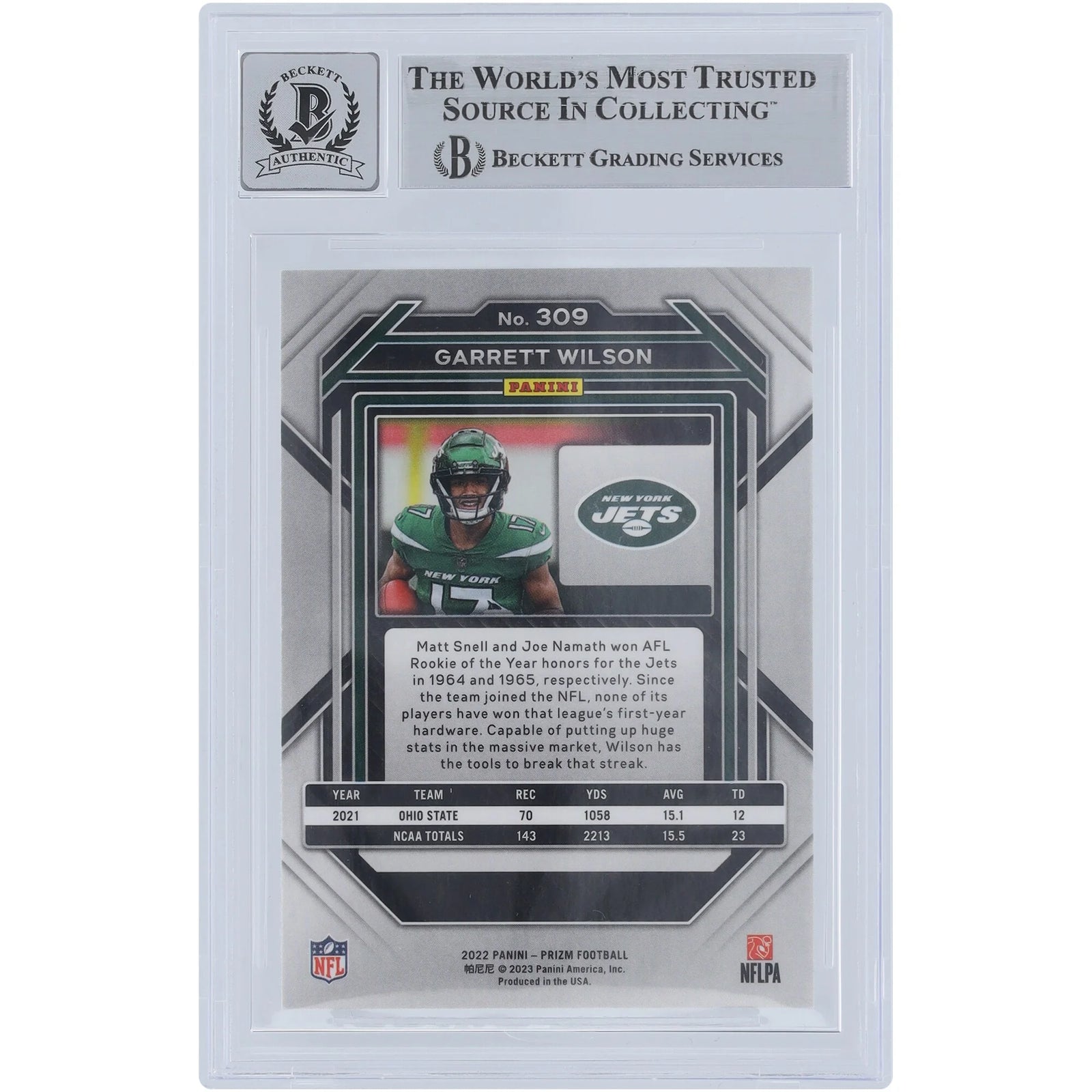 Garrett Wilson Signed 2022 Panini Prizm Green Ink #309 Rookie Card | Beckett Graded 10