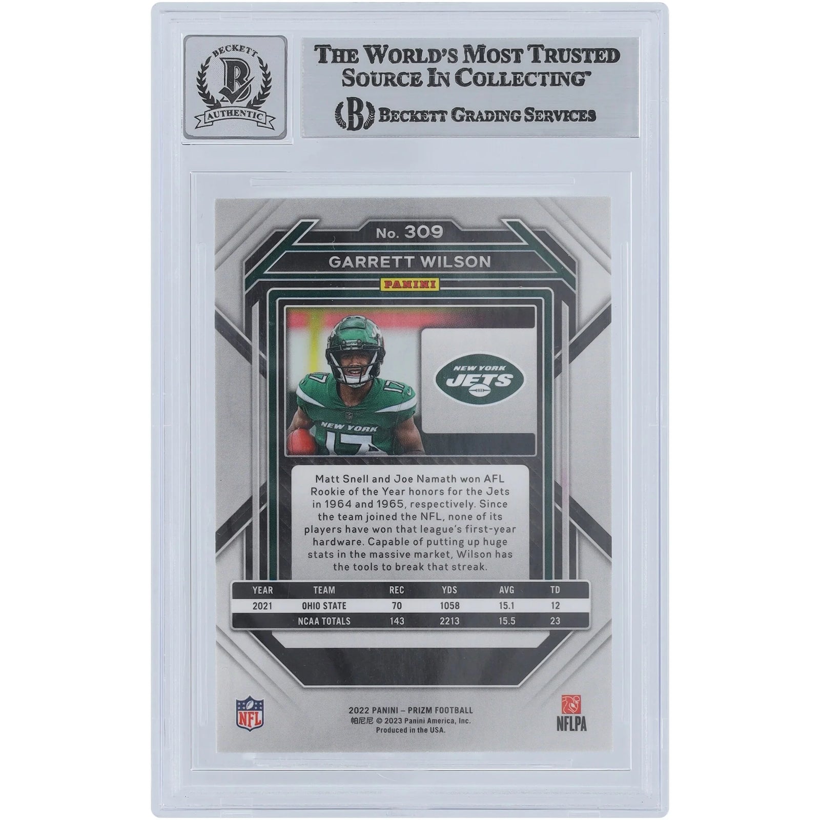 Garrett Wilson Signed 2022 Panini Prizm Green Ink Rookie Card #309 | Beckett 9