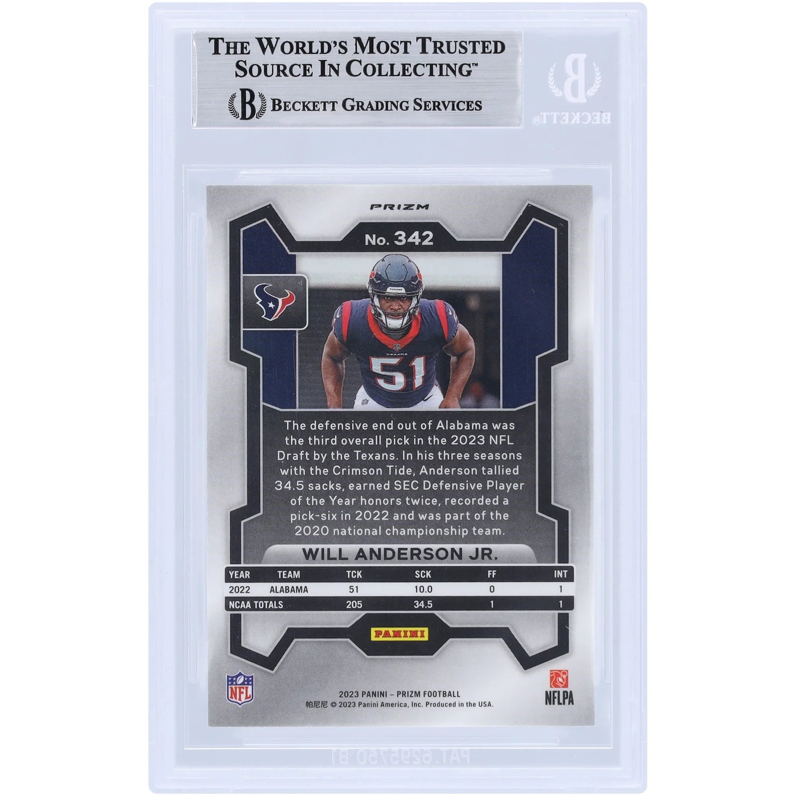 Will Anderson Jr. Signed 2023 Panini Prizm Green Wave Rookie #342 Card | Beckett Authentic
