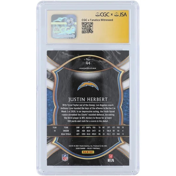 Justin Herbert Signed 2020 Panini Select Rookie #44 Card | CGC 9