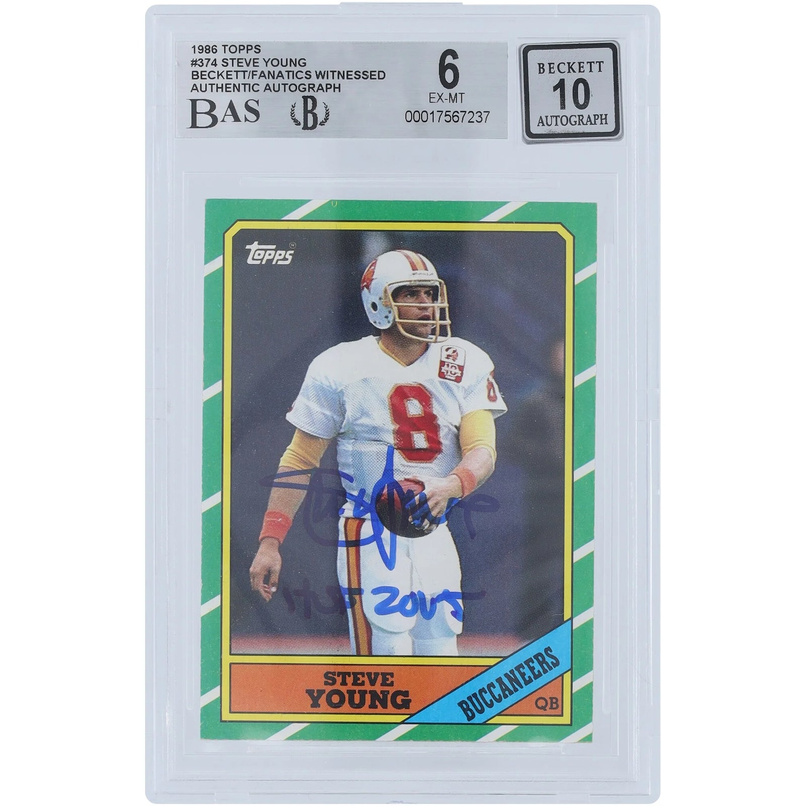 Steve Young Signed 1986 Topps #374 Rookie Card | Beckett 6 with HOF 2005 Inscription