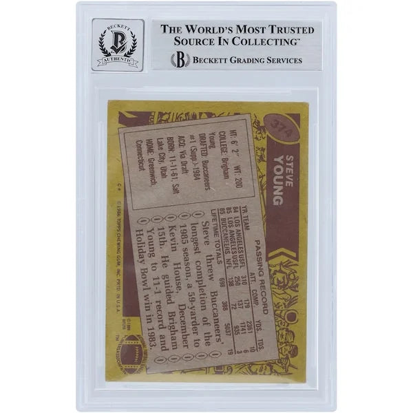 Steve Young Signed 1986 Topps #374 Rookie Card | Beckett Graded 10 HOF 2005