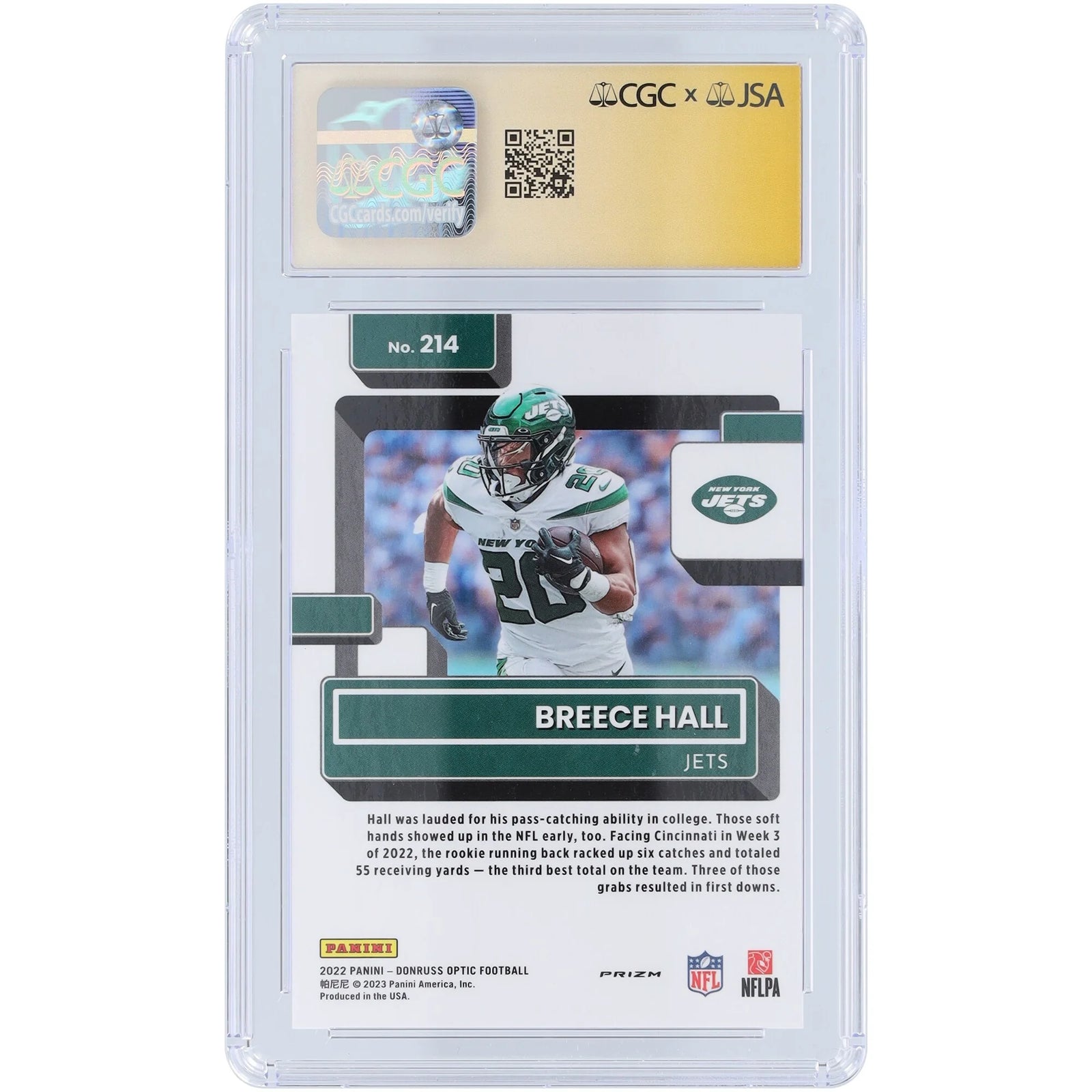 Breece Hall Signed 2022 Panini Donruss Optic Holo Rookie Card #214 | CGC 9