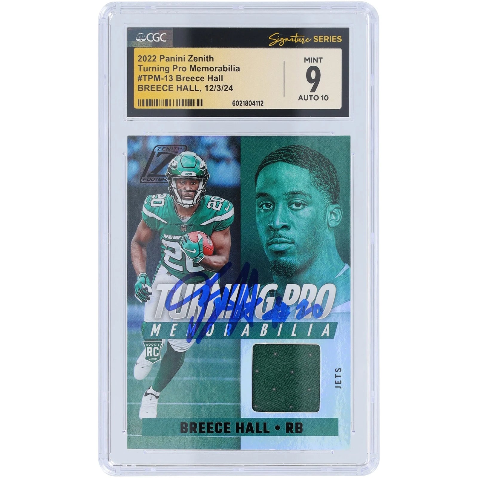 Breece Hall Signed 2022 Panini Zenith Turning Pro Jersey Relic Rookie Card | CGC Graded 9