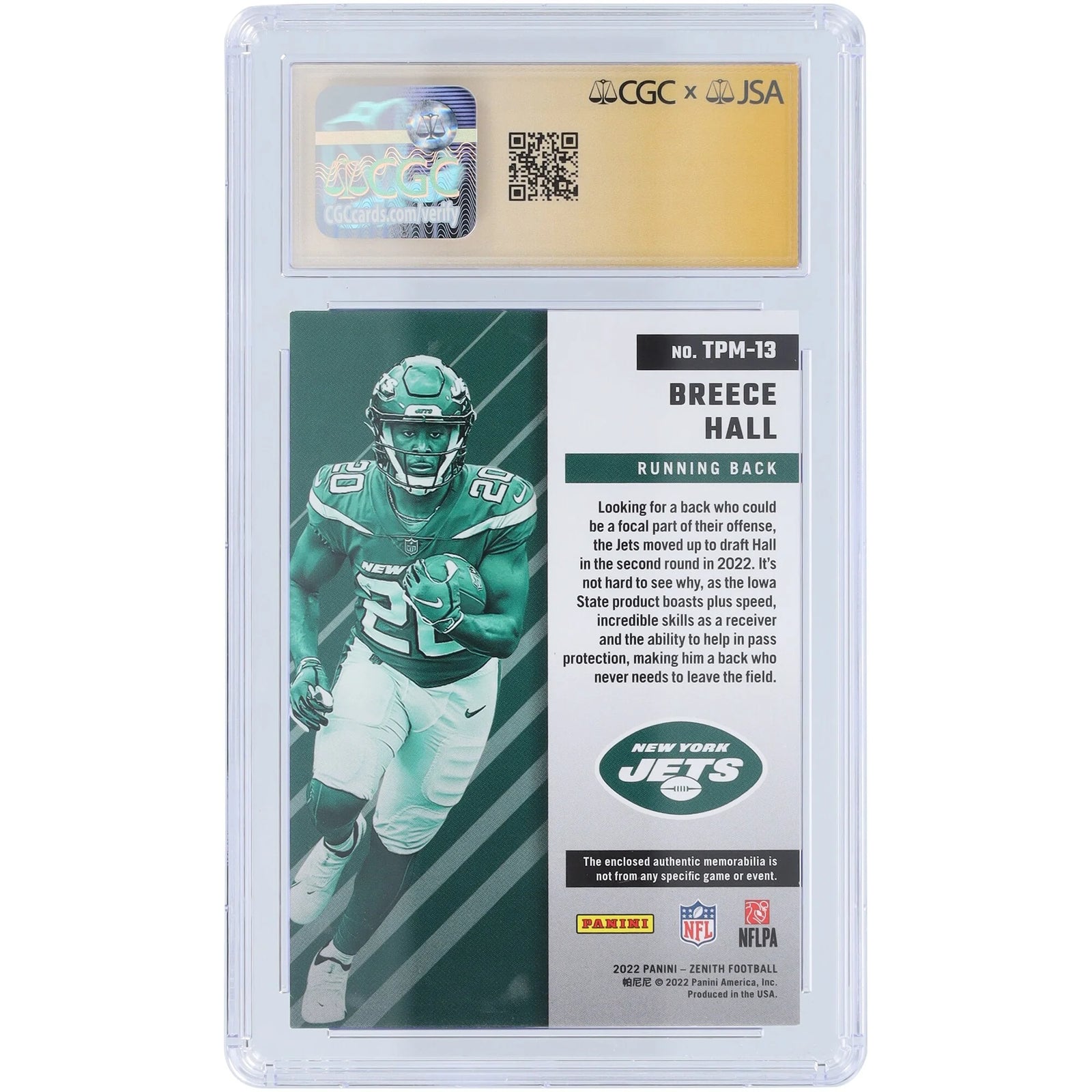 Breece Hall Signed 2022 Panini Zenith Turning Pro Jersey Relic Rookie Card | CGC Graded 9