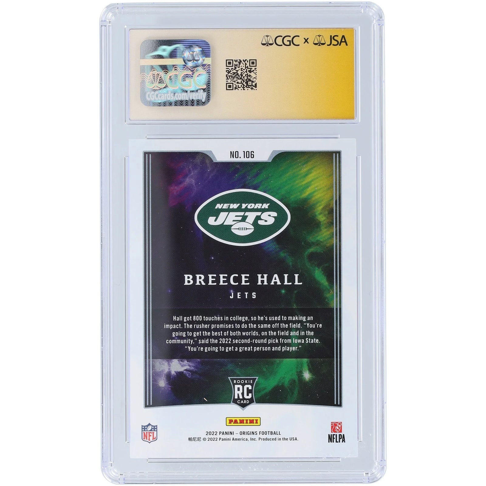 Breece Hall Signed 2022 Panini Origins #106 Rookie Card | CGC 9 Authenticated