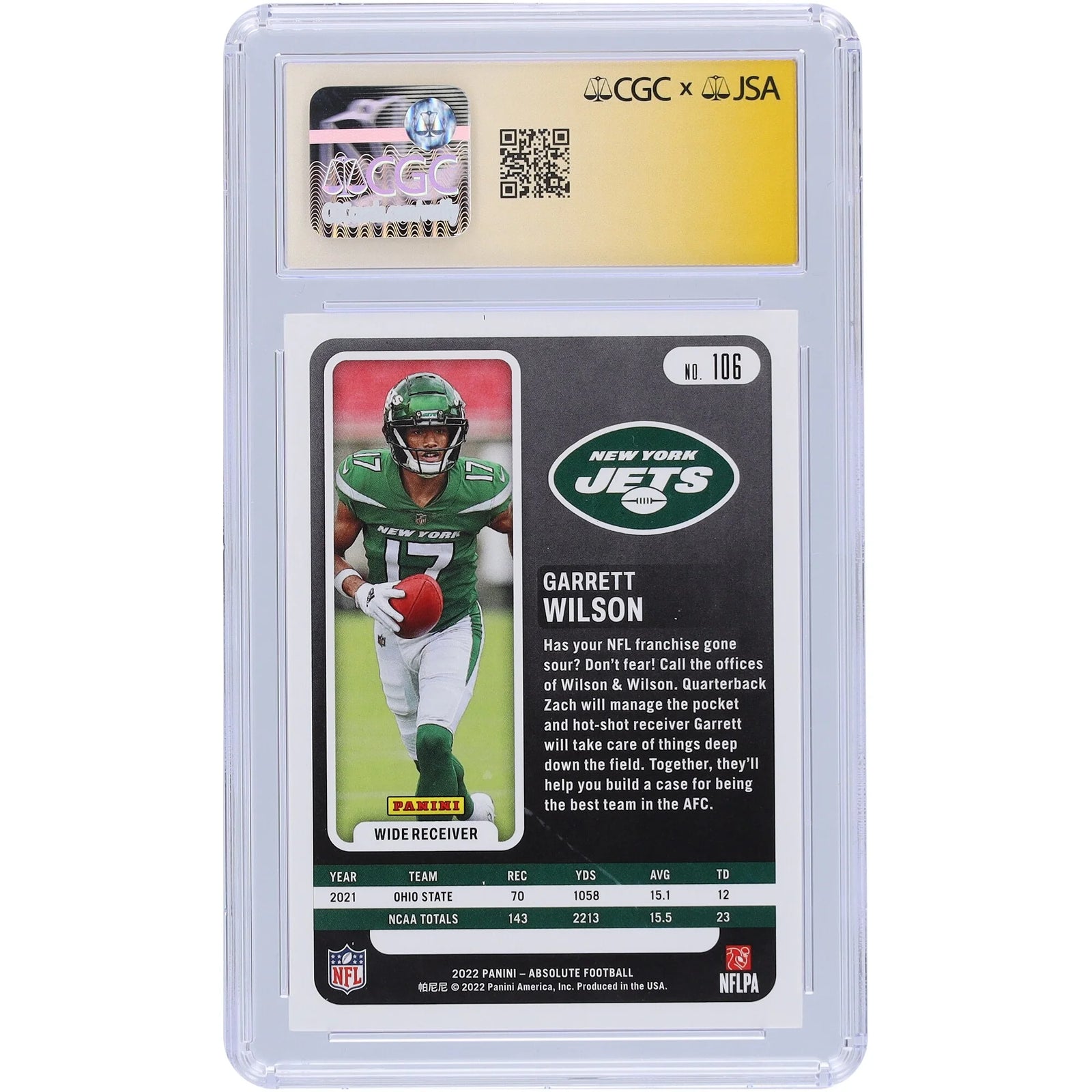 Garrett Wilson Signed 2022 Panini Absolute #106 Rookie Card | CGC Auto 10