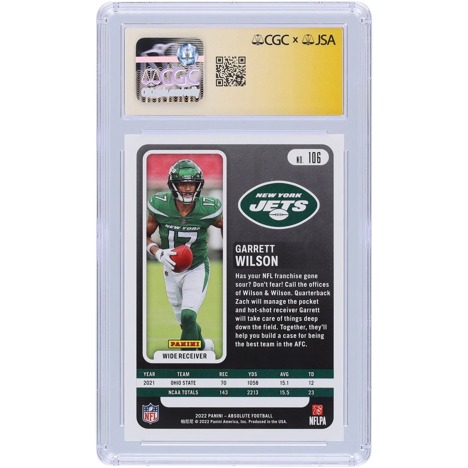 Garrett Wilson Signed 2022 Panini Absolute #106 Rookie Card | CGC 10