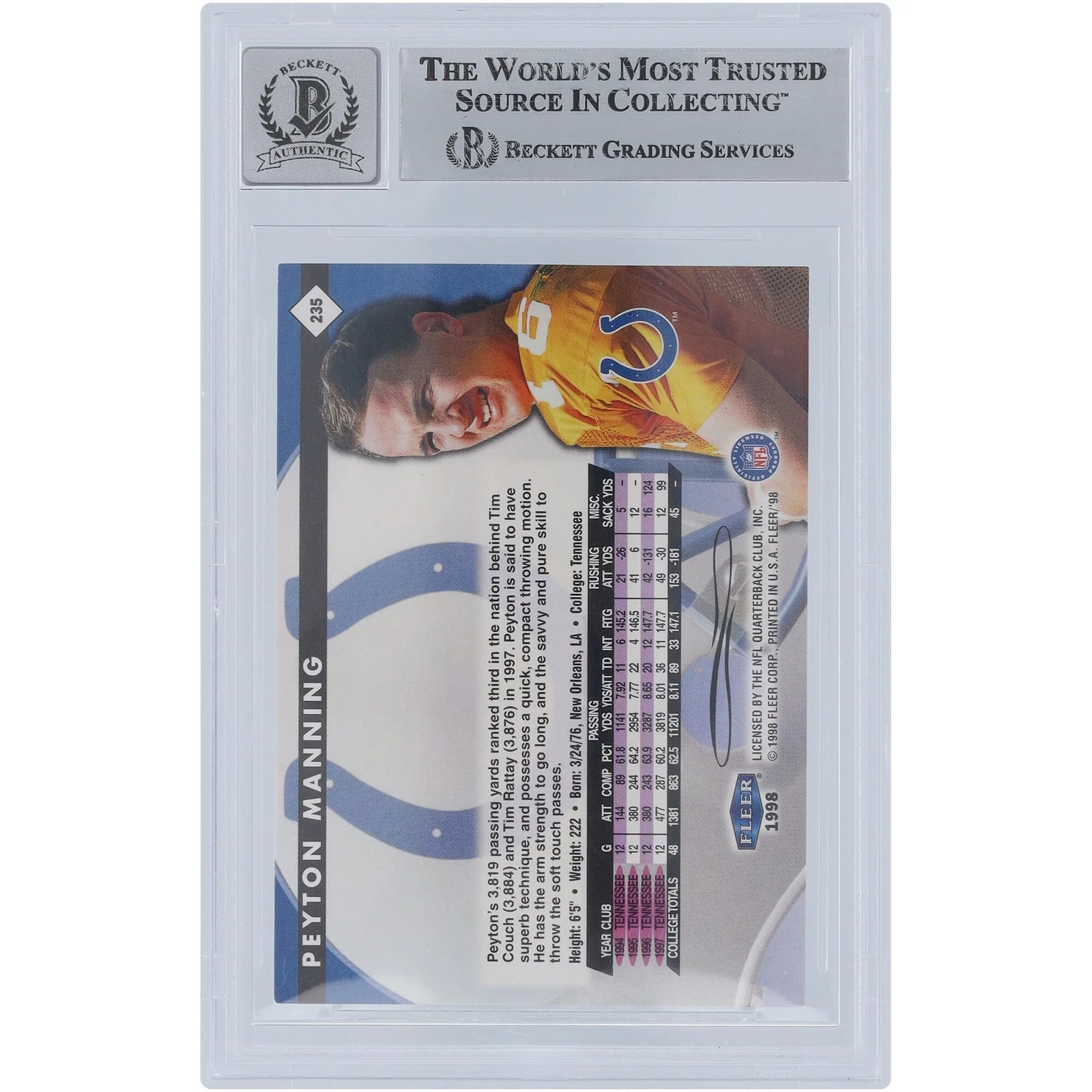 Peyton Manning Signed 1998 Fleer Tradition #235 Rookie Card | Beckett Authenticated