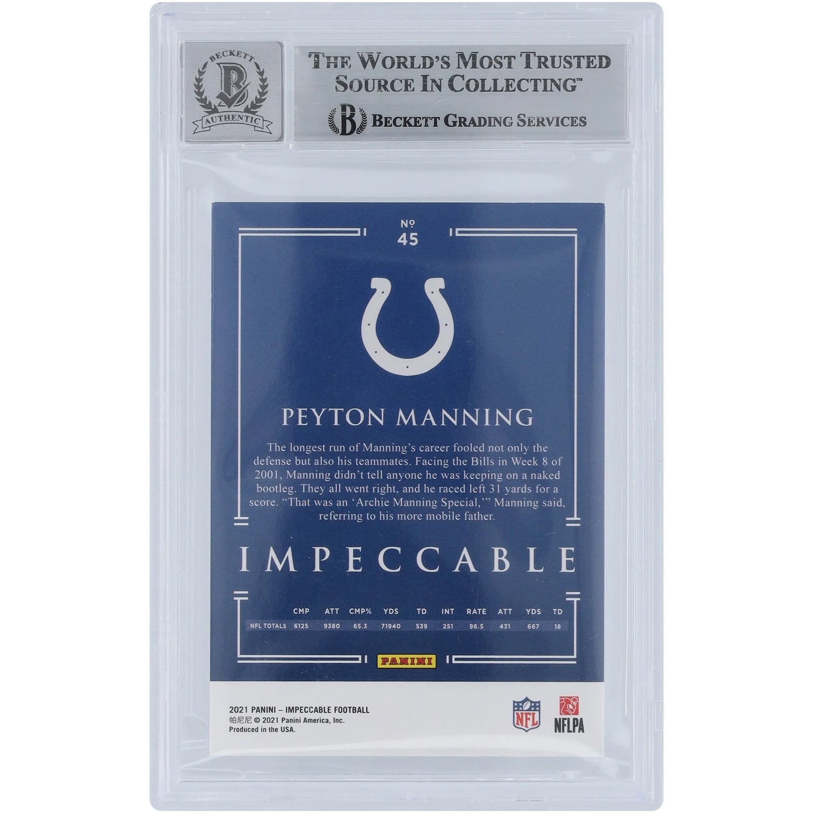 Peyton Manning Signed 2021 Panini Impeccable Bronze Card #45 | Graded 10
