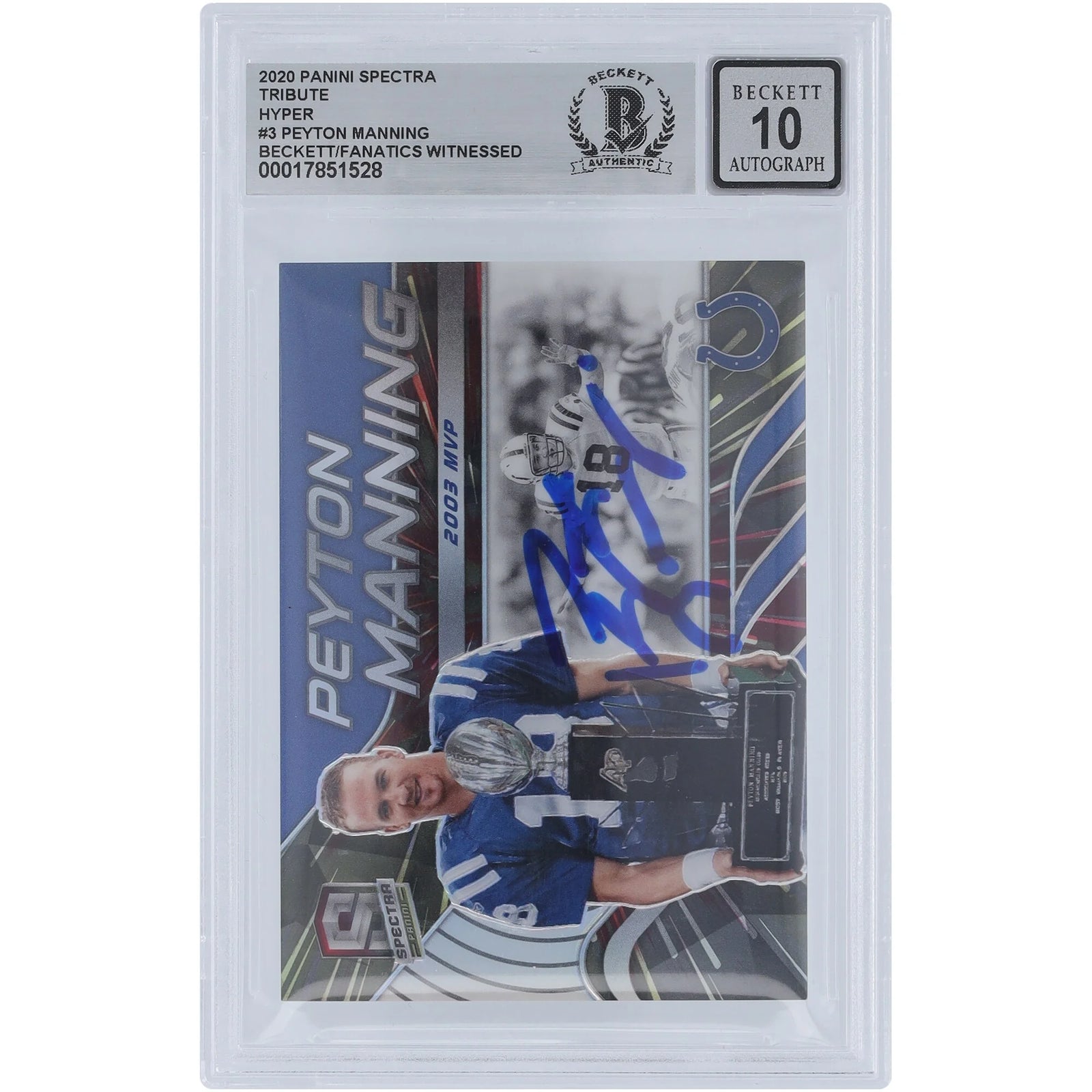 Peyton Manning Signed 2020 Panini Spectra Tribute Card | 2003 MVP #T-PM3 #/75 Graded 10