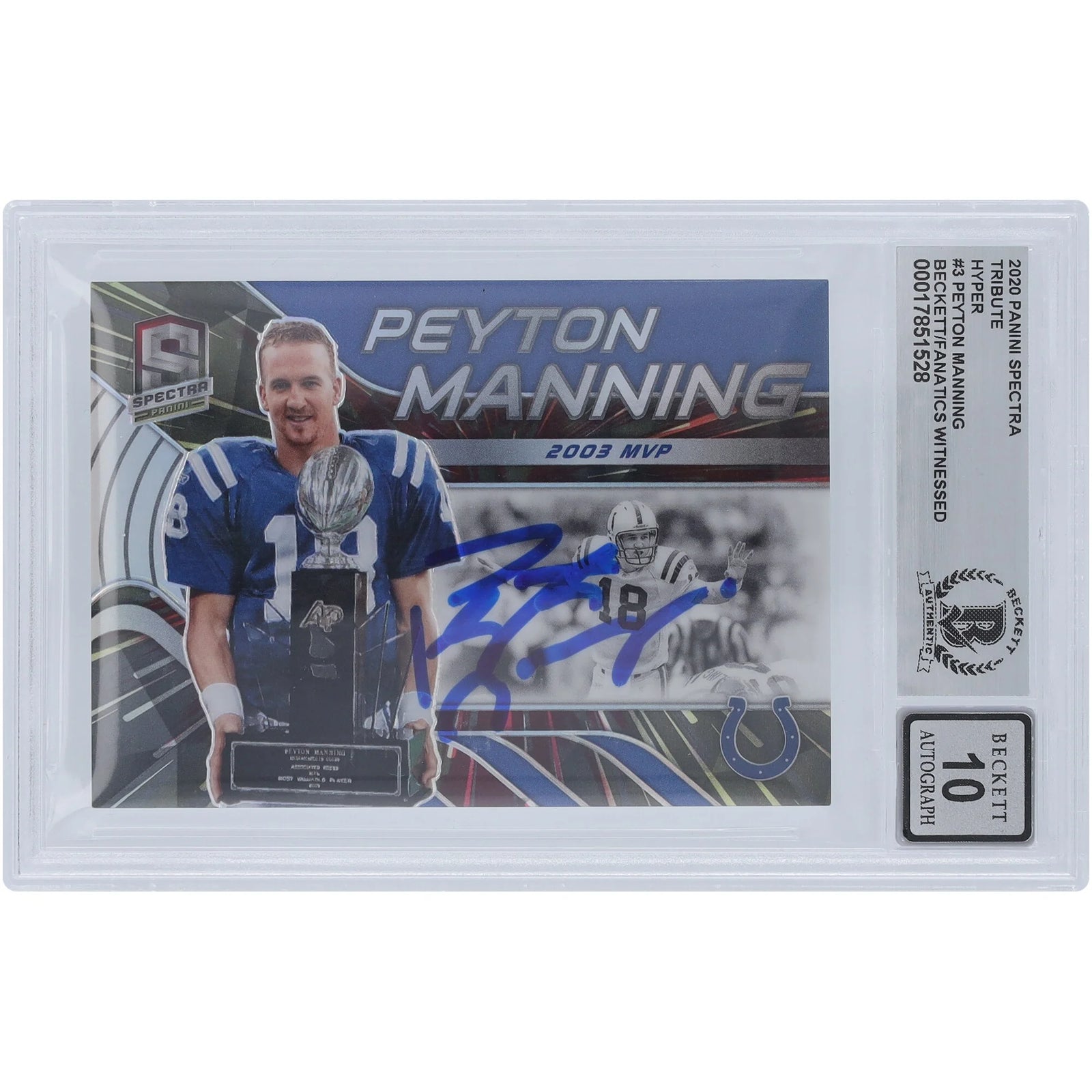 Peyton Manning Signed 2020 Panini Spectra Tribute Card | 2003 MVP #T-PM3 #/75 Graded 10