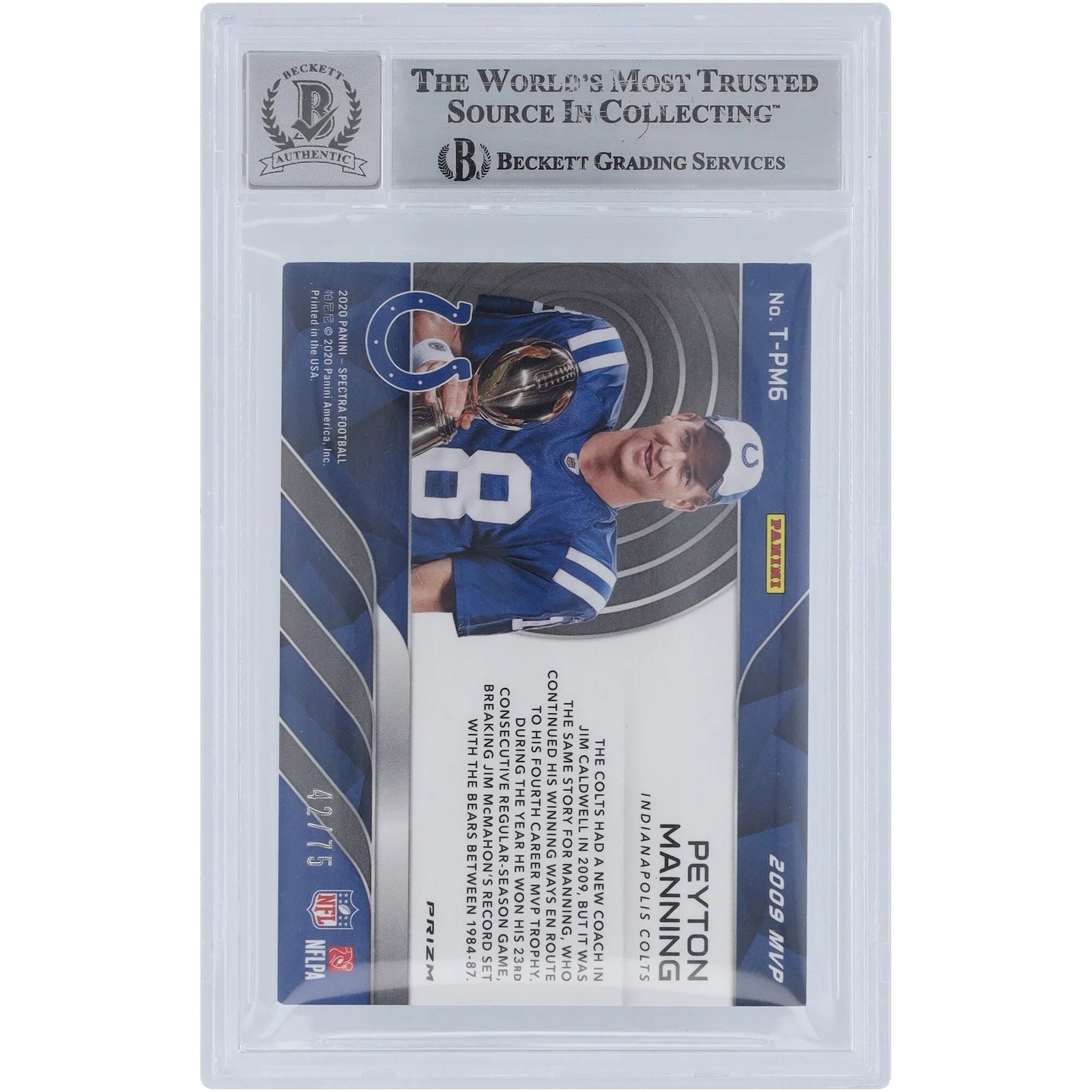 Peyton Manning Signed 2020 Panini Spectra Hyper Tribute Card | 2009 MVP #/75