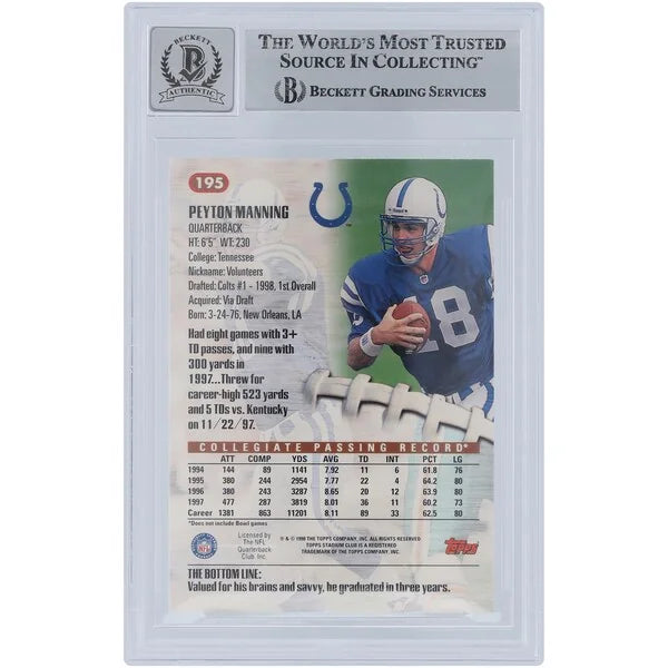 Peyton Manning Signed 1998 Topps Stadium Club Rookie #195 Card | Beckett 10