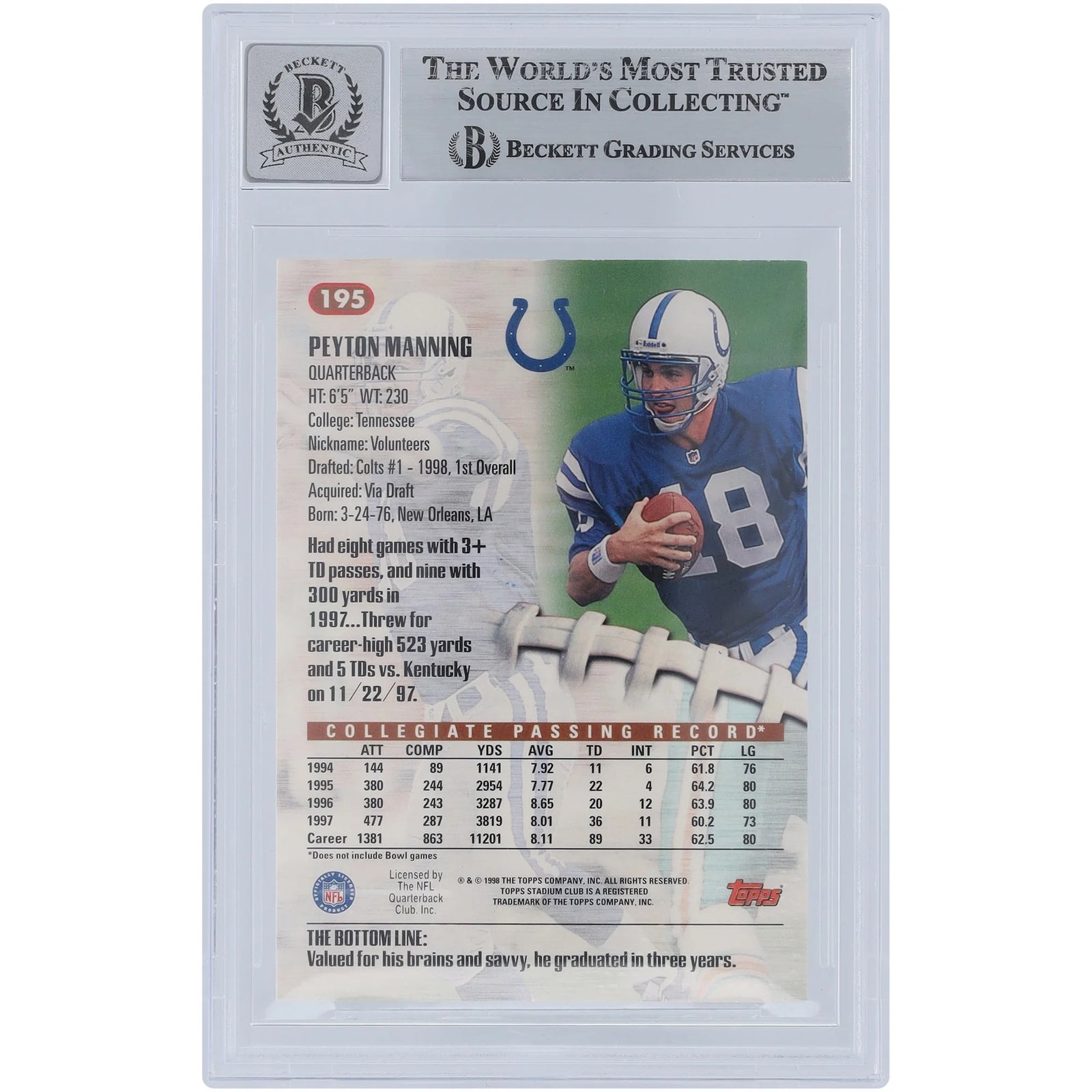 Peyton Manning Signed 1998 Topps Stadium Club Rookie #195 Card | Beckett 10