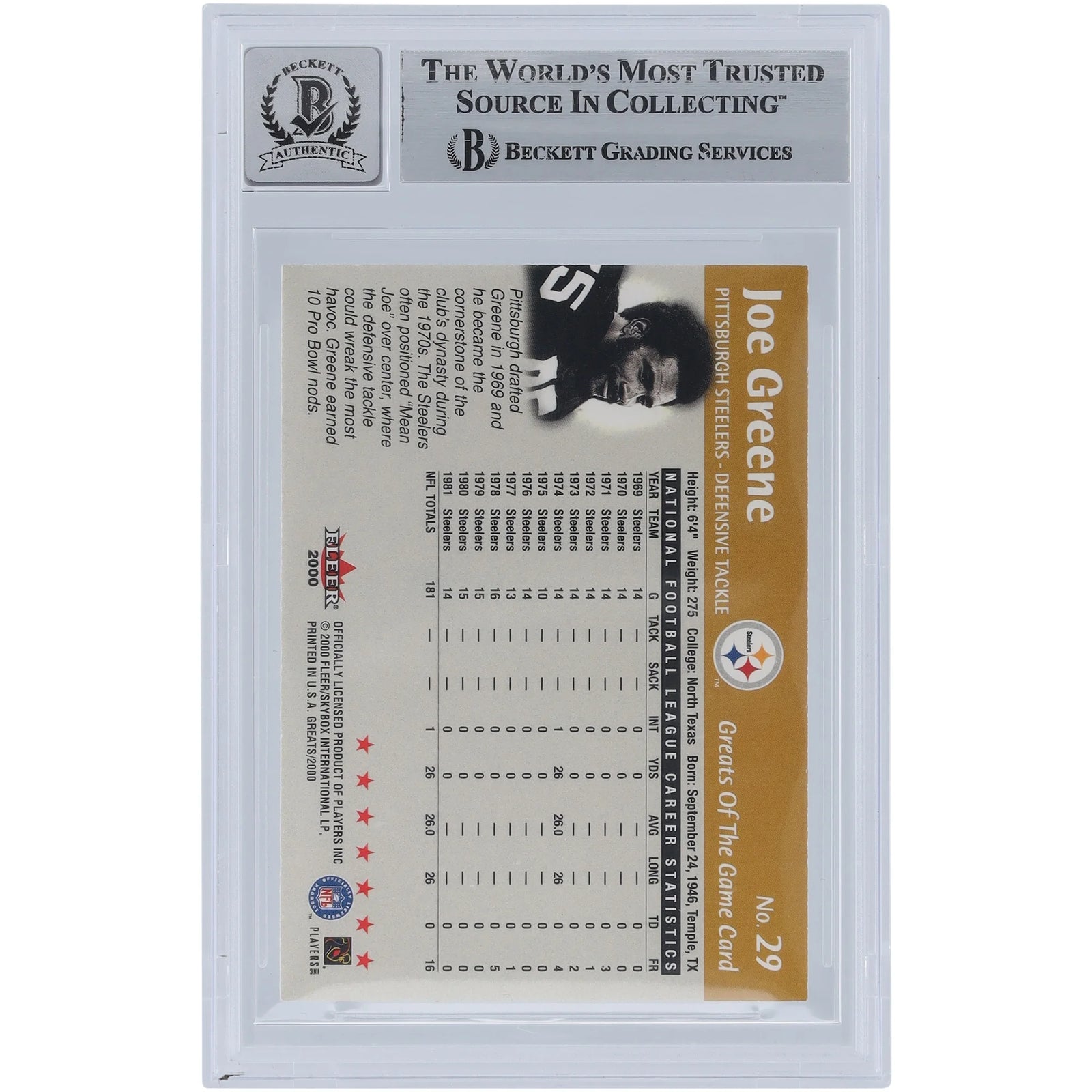 Joe Greene Signed 2000 Fleer Greats of the Game #29 | HOF 87 Inscription