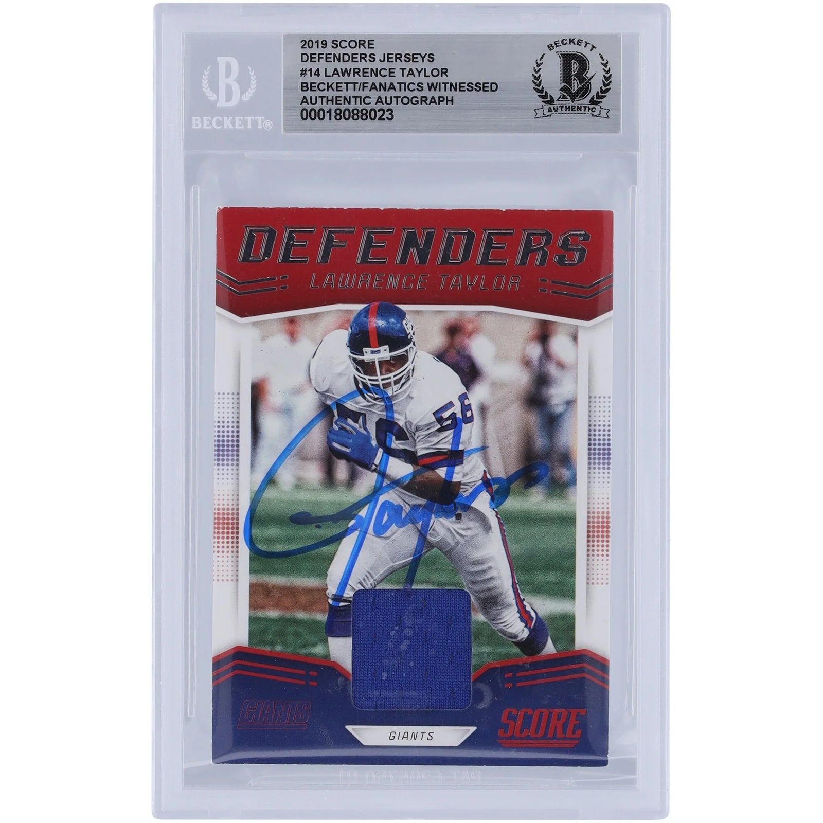 Lawrence Taylor Signed 2019 Panini Score Defenders Jersey Relic Card | Beckett Authenticat