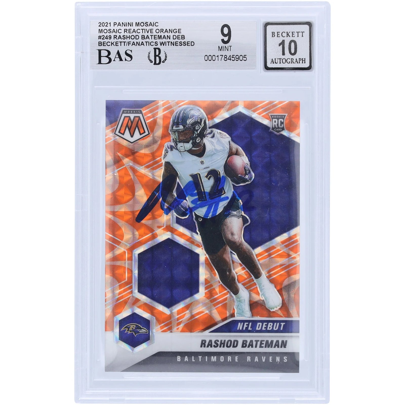 Rashod Bateman Signed 2021 Panini Mosaic Reactive Orange Prizm #249 | Beckett 9