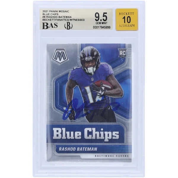 Rashod Bateman Signed 2021 Panini Mosaic Blue Chips Rookie #9 Card | Beckett 9.5