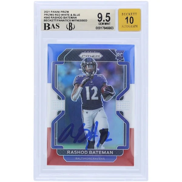 Rashod Bateman Signed 2021 Panini Prizm Red White & Blue Rookie #340 Card | Beckett 9.5