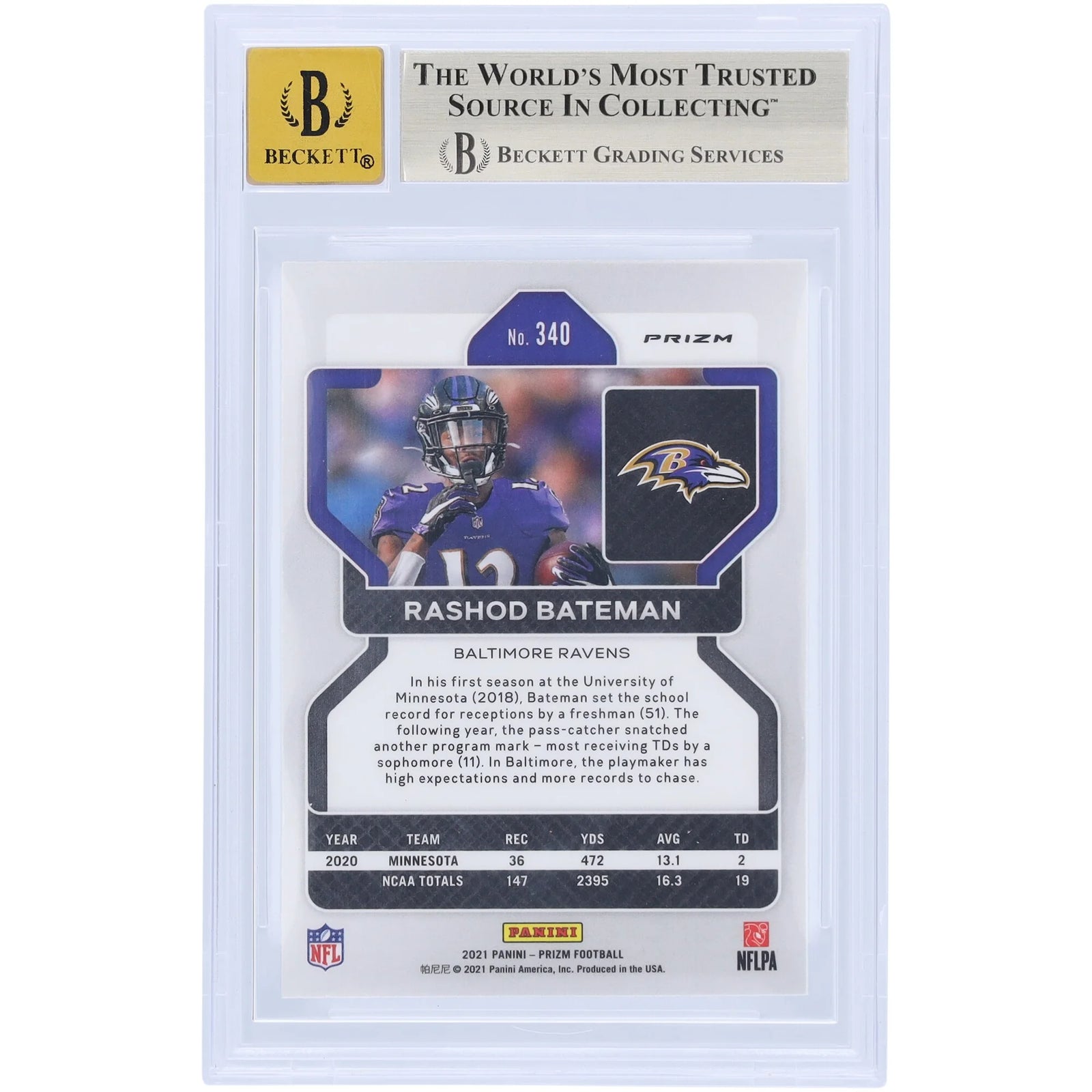 Rashod Bateman Signed 2021 Panini Prizm Red White & Blue Rookie #340 Card | Beckett 9.5