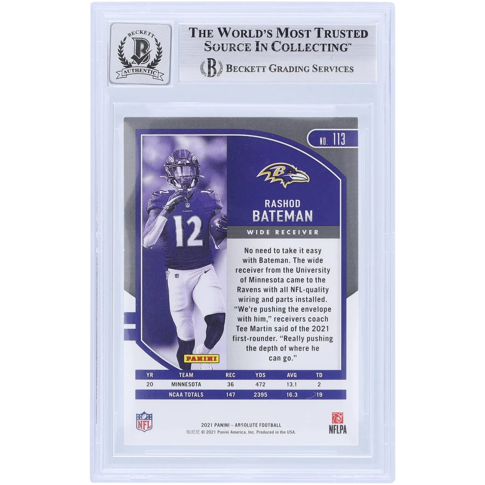 Rashod Bateman Signed 2021 Panini Absolute #113 Rookie Card | Beckett Authenticated 9