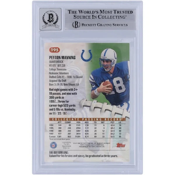 Peyton Manning Signed 1998 Topps Stadium Club #195 Rookie Card | Beckett Authenticated 9
