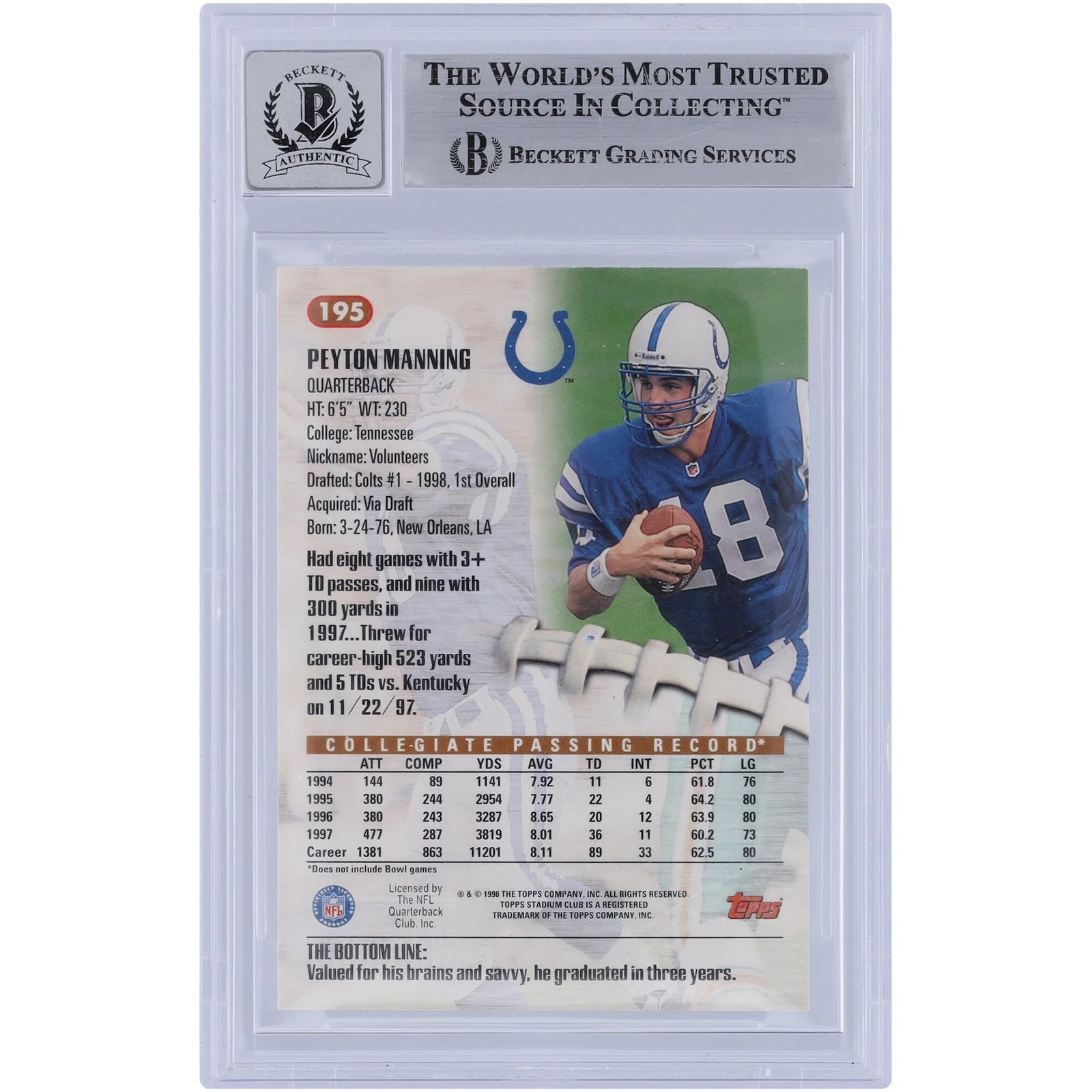 Peyton Manning Signed 1998 Topps Stadium Club #195 Rookie Card | Beckett Authenticated 9