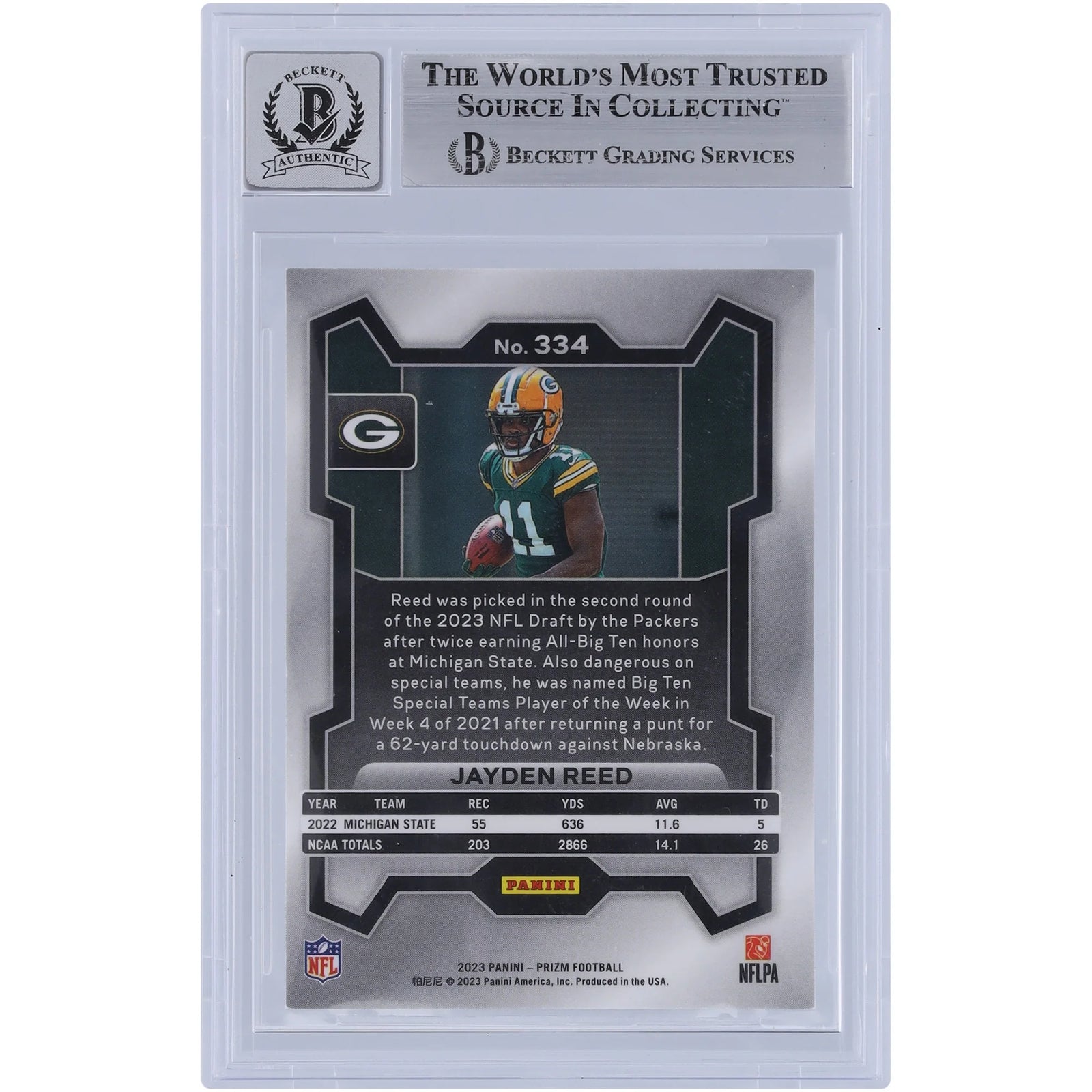 Jayden Reed Signed 2023 Panini Prizm #334 Rookie Card | Beckett Authenticated 9