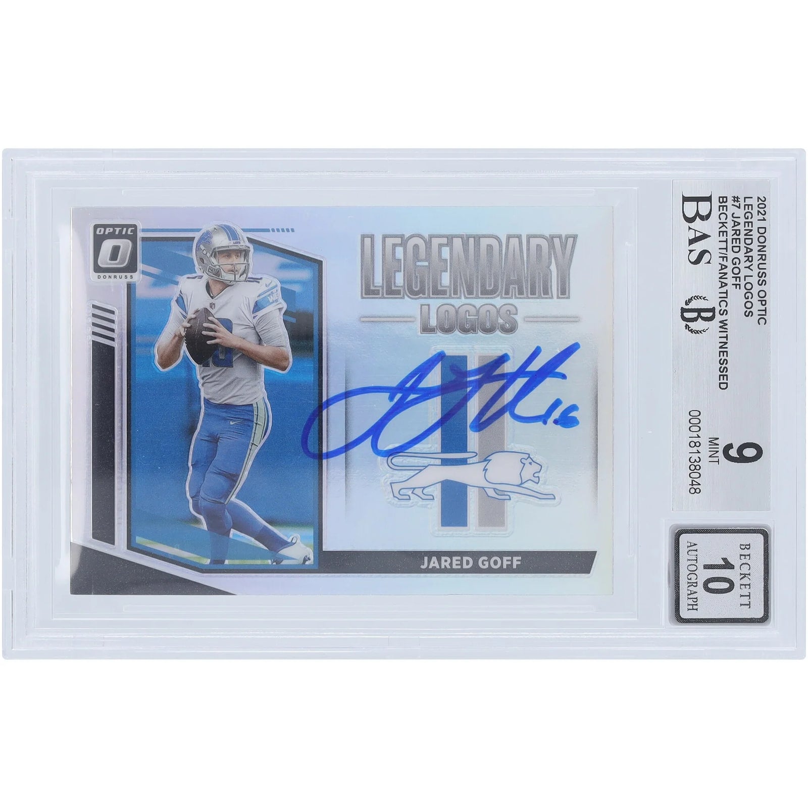 Jared Goff Signed 2021 Panini Donruss Optic Legendary Logos #LL-7 | Beckett 9
