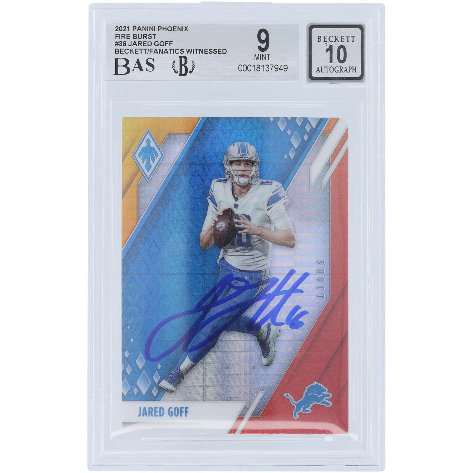 Jared Goff Signed 2021 Panini Phoenix Fire Burst #36 Card | Beckett Authenticated