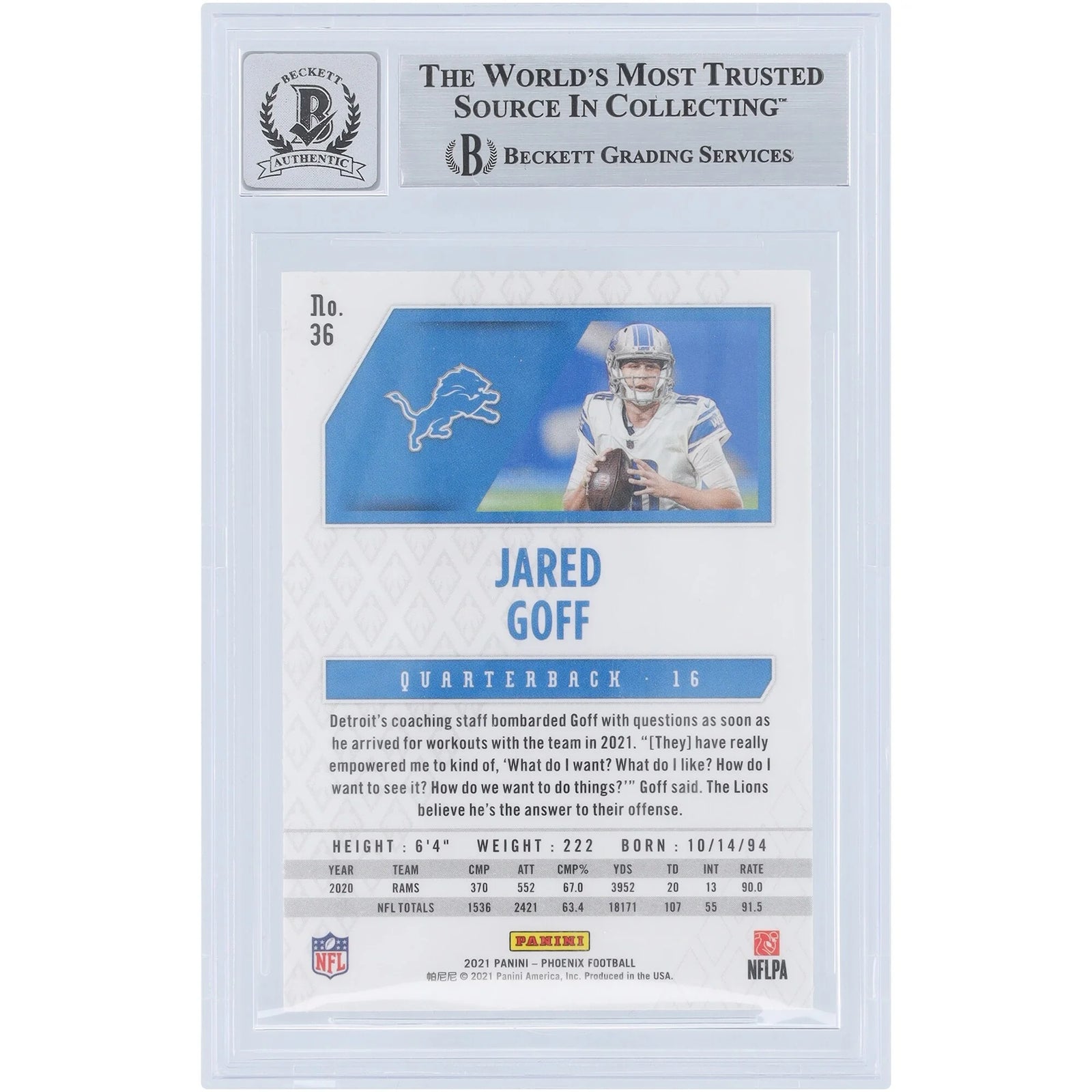 Jared Goff Signed 2021 Panini Phoenix Fire Burst #36 Card | Beckett 10