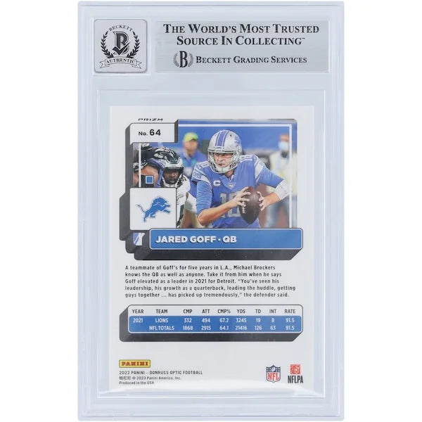 Jared Goff Signed 2022 Panini Donruss Optic Holo Prizm #64 | Beckett 9
