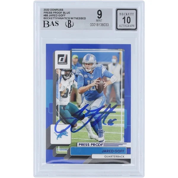 Jared Goff Signed 2022 Panini Donruss Press Proof Blue #88 | Graded 9/10