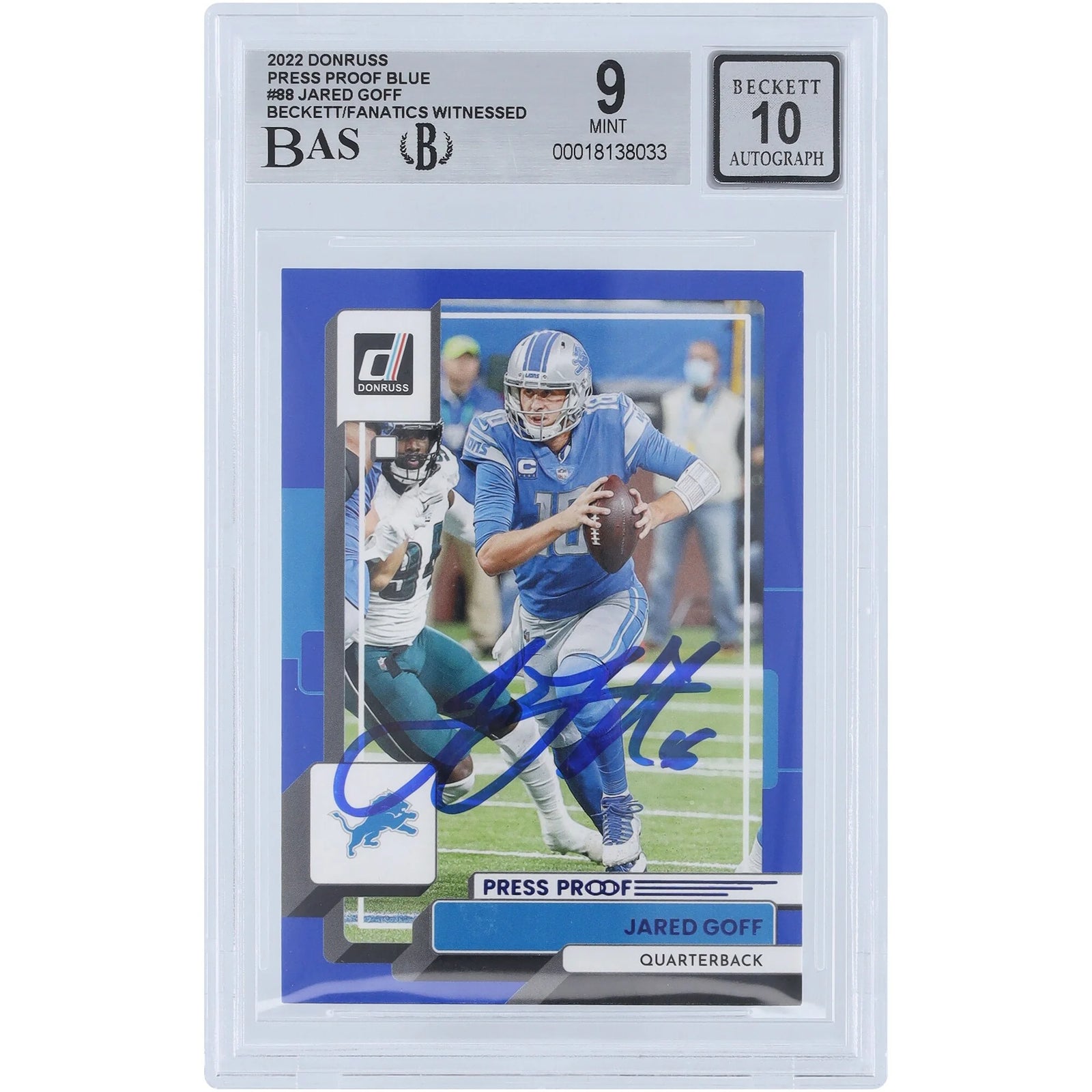 Jared Goff Signed 2022 Panini Donruss Press Proof Blue #88 | Graded 9/10