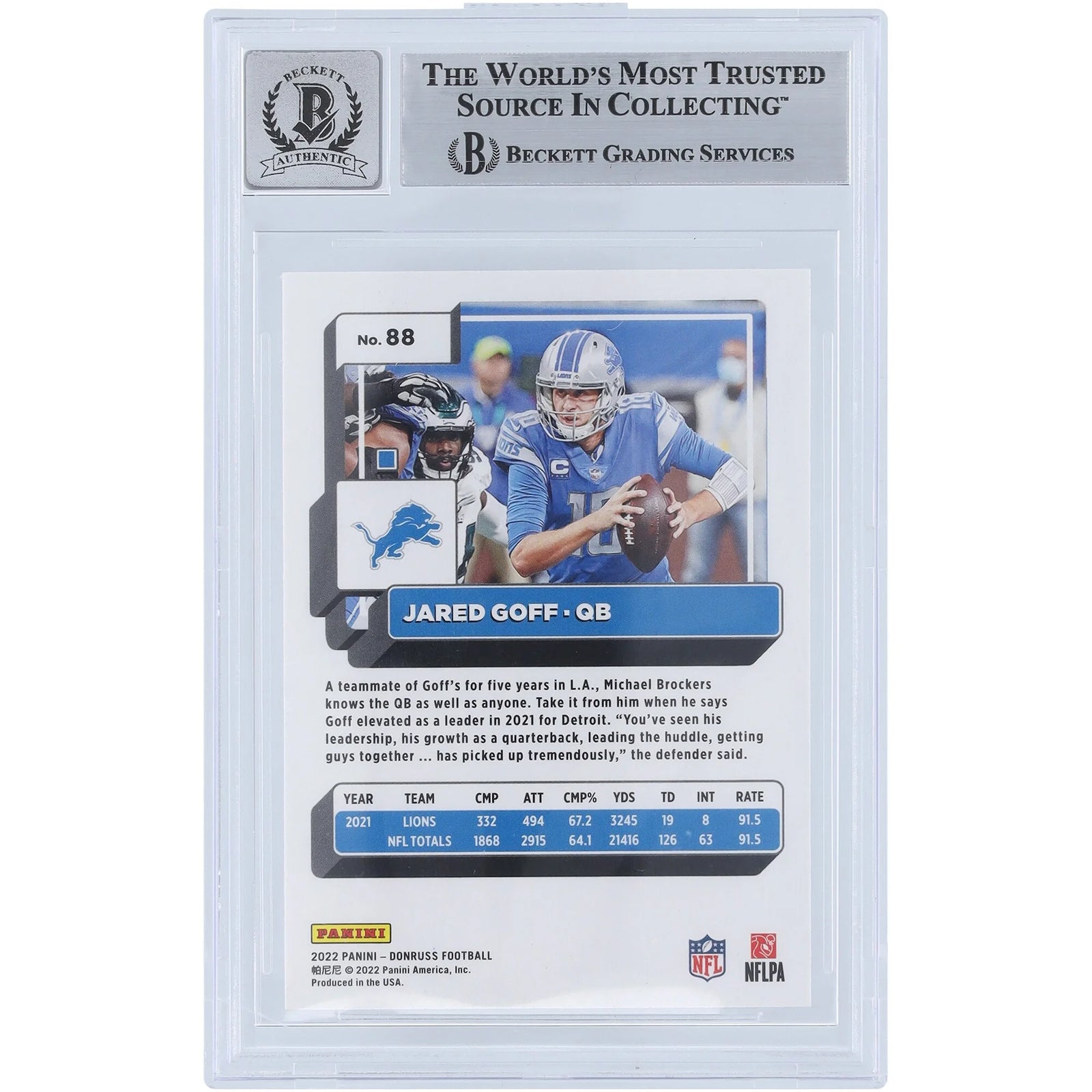 Jared Goff Signed 2022 Panini Donruss Press Proof Blue #88 | Graded 9/10