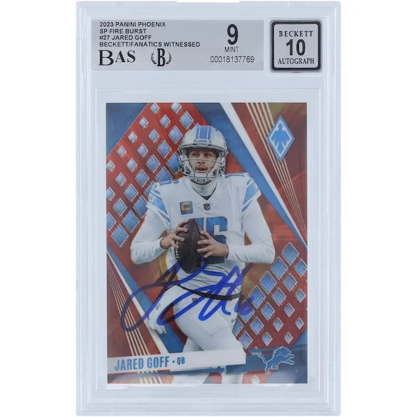 Jared Goff Signed 2023 Panini Phoenix SP Fire Burst Card | Beckett 9/10