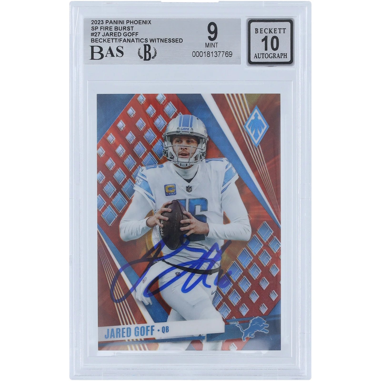 Jared Goff Signed 2023 Panini Phoenix SP Fire Burst Card | Beckett 9/10