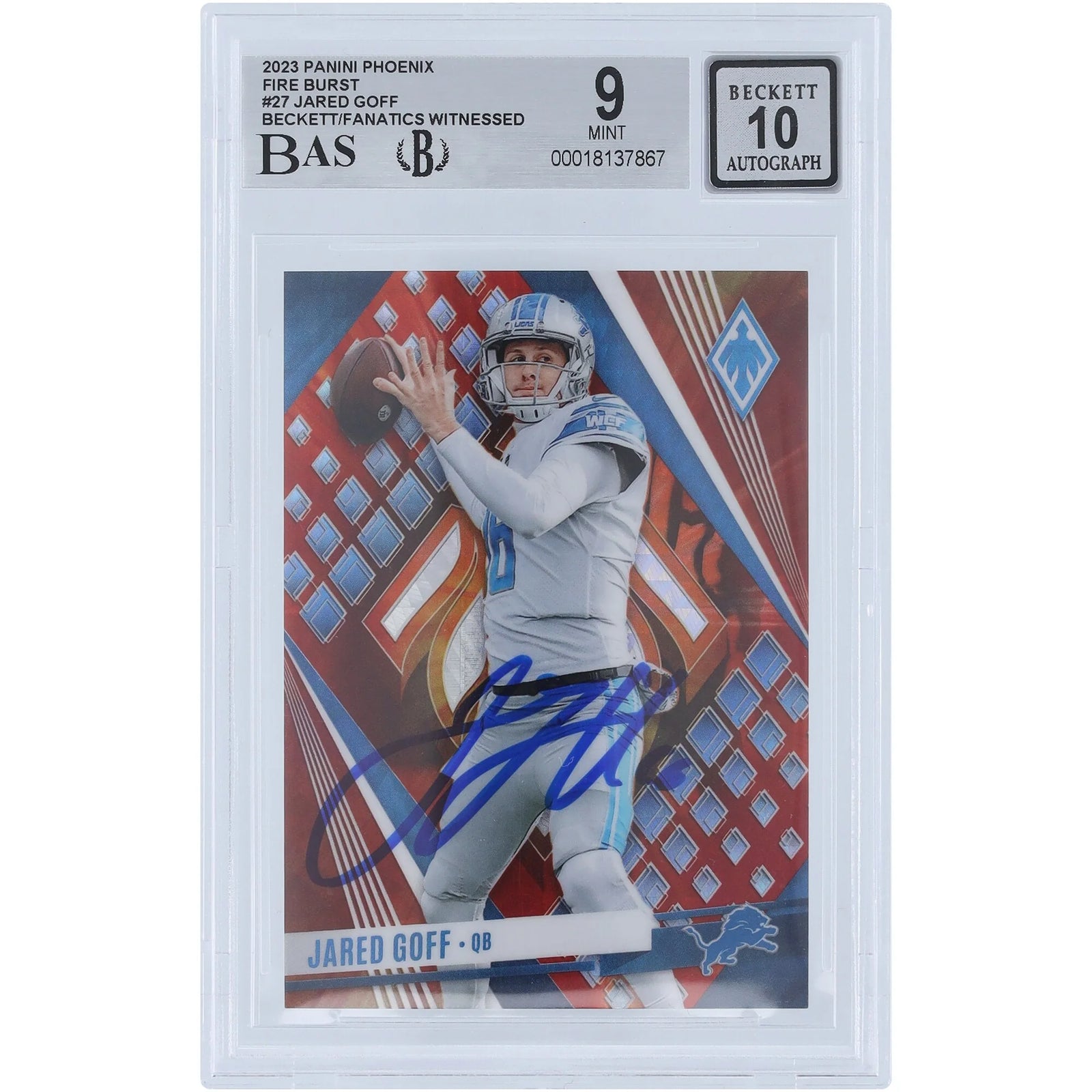 Jared Goff Signed 2023 Panini Phoenix Fire Burst Card #27 | Graded 9/10