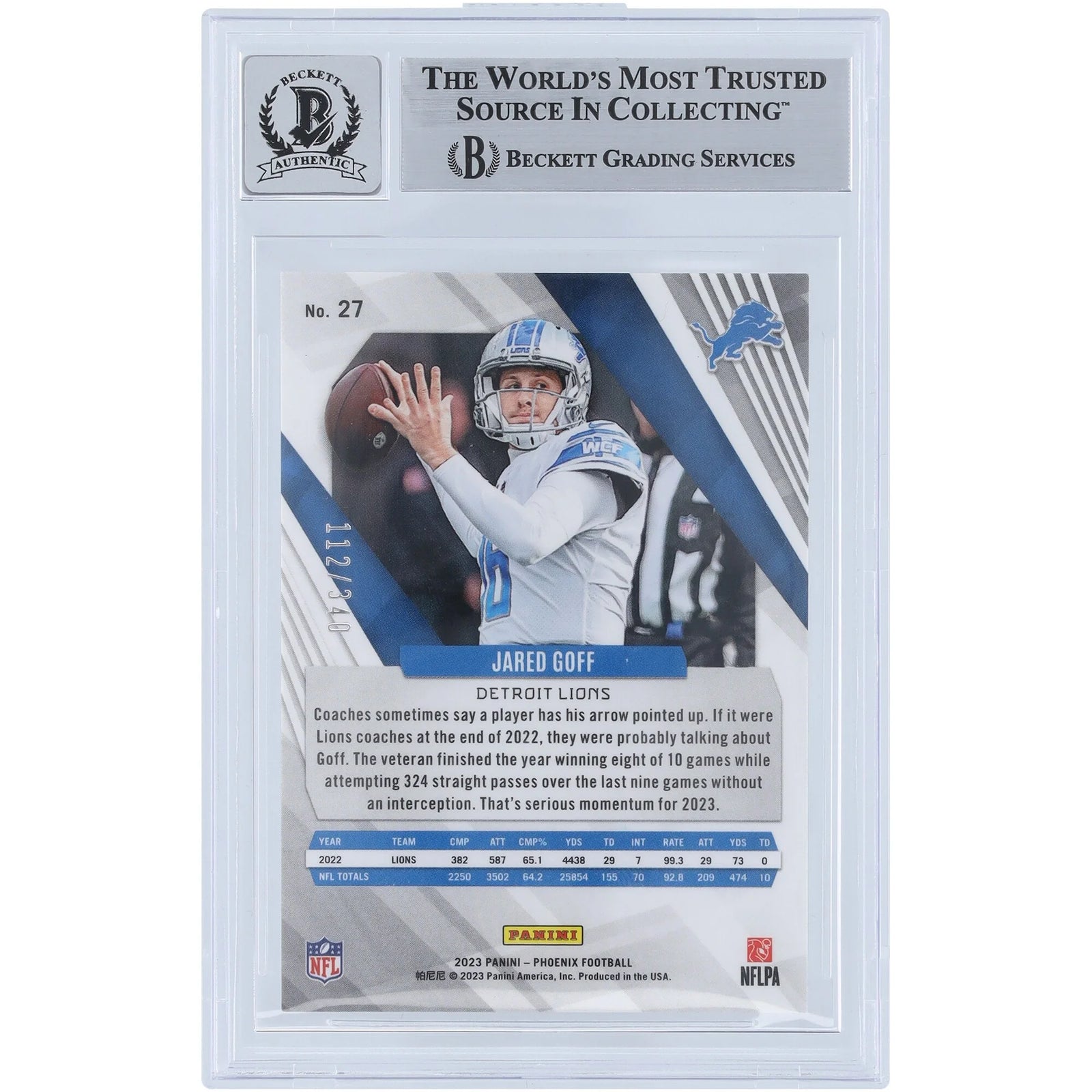Jared Goff Signed 2023 Panini Phoenix Fire Burst Card #27 | Graded 9/10