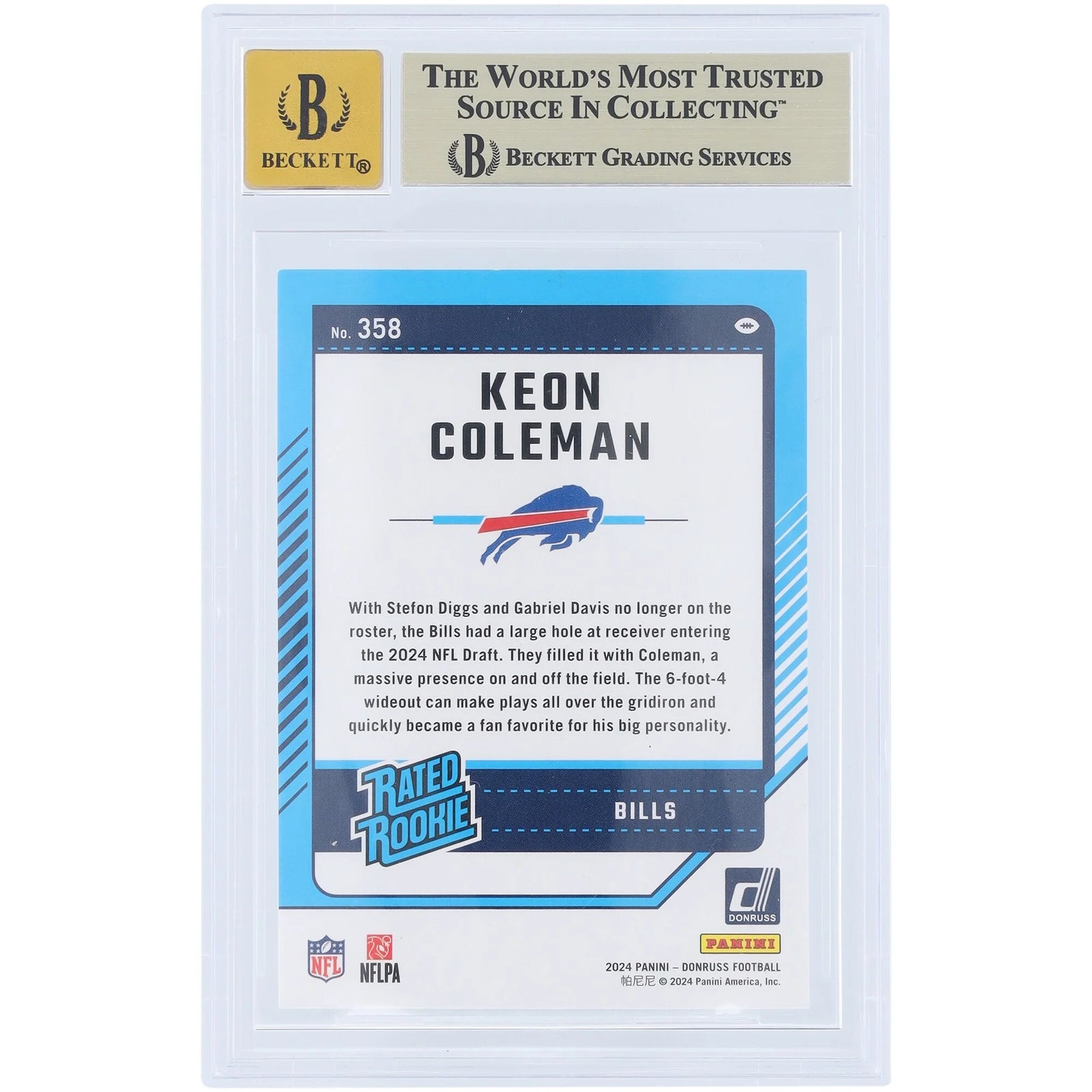 Keon Coleman Signed 2024 Panini Donruss #358 Rookie Card | Beckett 9.5
