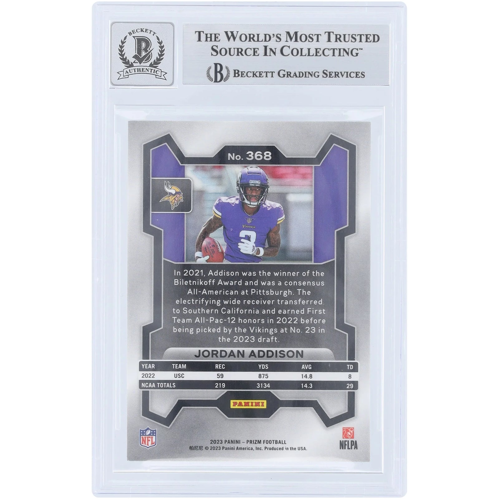 Jordan Addison Signed 2023 Panini Prizm #368 Rookie Card | Beckett Authenticated 9