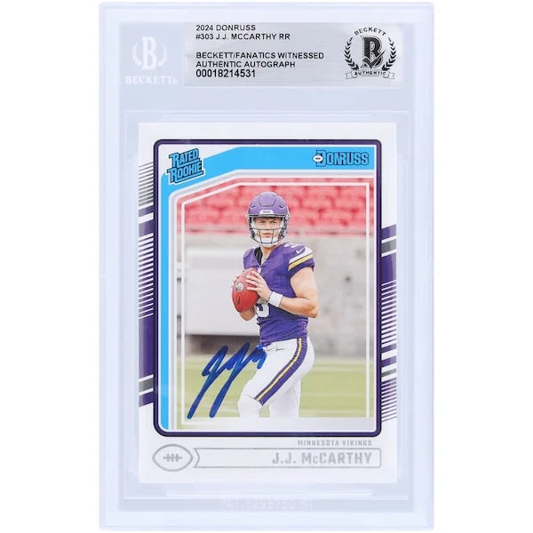 J.J. McCarthy Minnesota Vikings Autographed 2024 Panini Donruss #303 Beckett Fanatics Witnessed Authenticated Rookie Card - F2