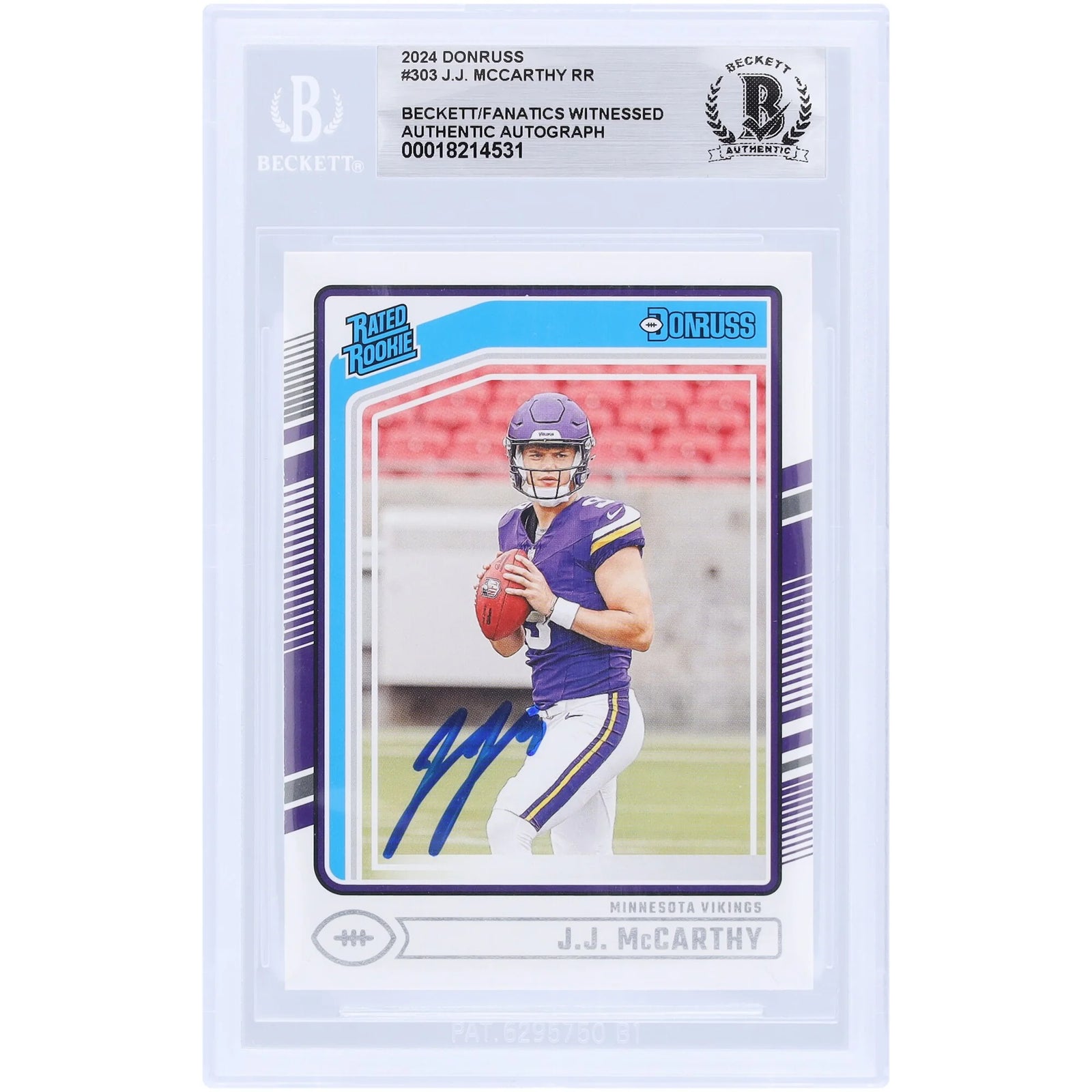 J.J. McCarthy Minnesota Vikings Autographed 2024 Panini Donruss #303 Beckett Fanatics Witnessed Authenticated Rookie Card - F2