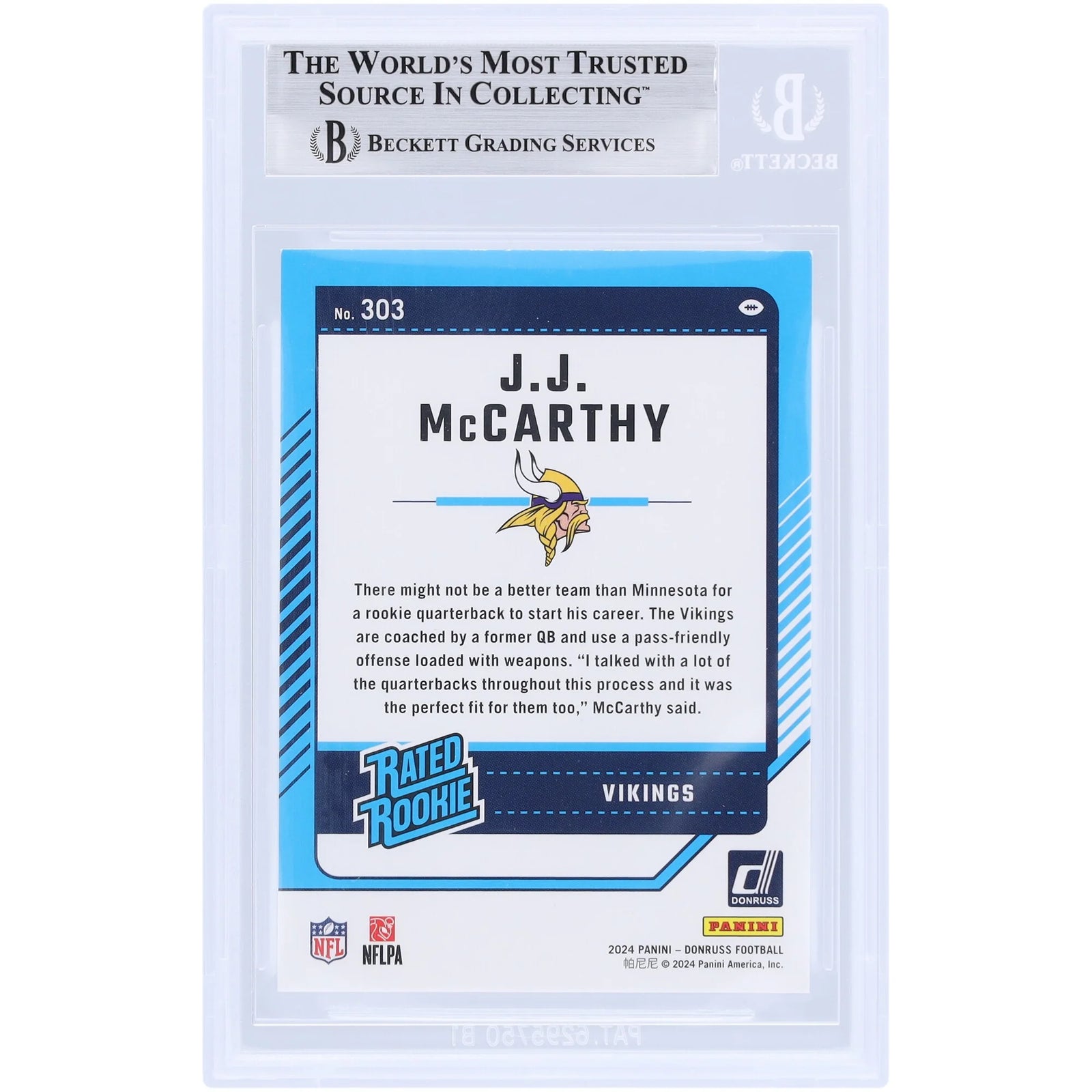 J.J. McCarthy Minnesota Vikings Autographed 2024 Panini Donruss #303 Beckett Fanatics Witnessed Authenticated Rookie Card - F2