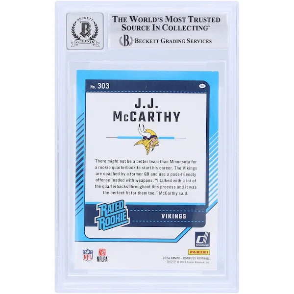 J.J. McCarthy Signed 2024 Panini Donruss #303 Rookie Card | Beckett Authenticated