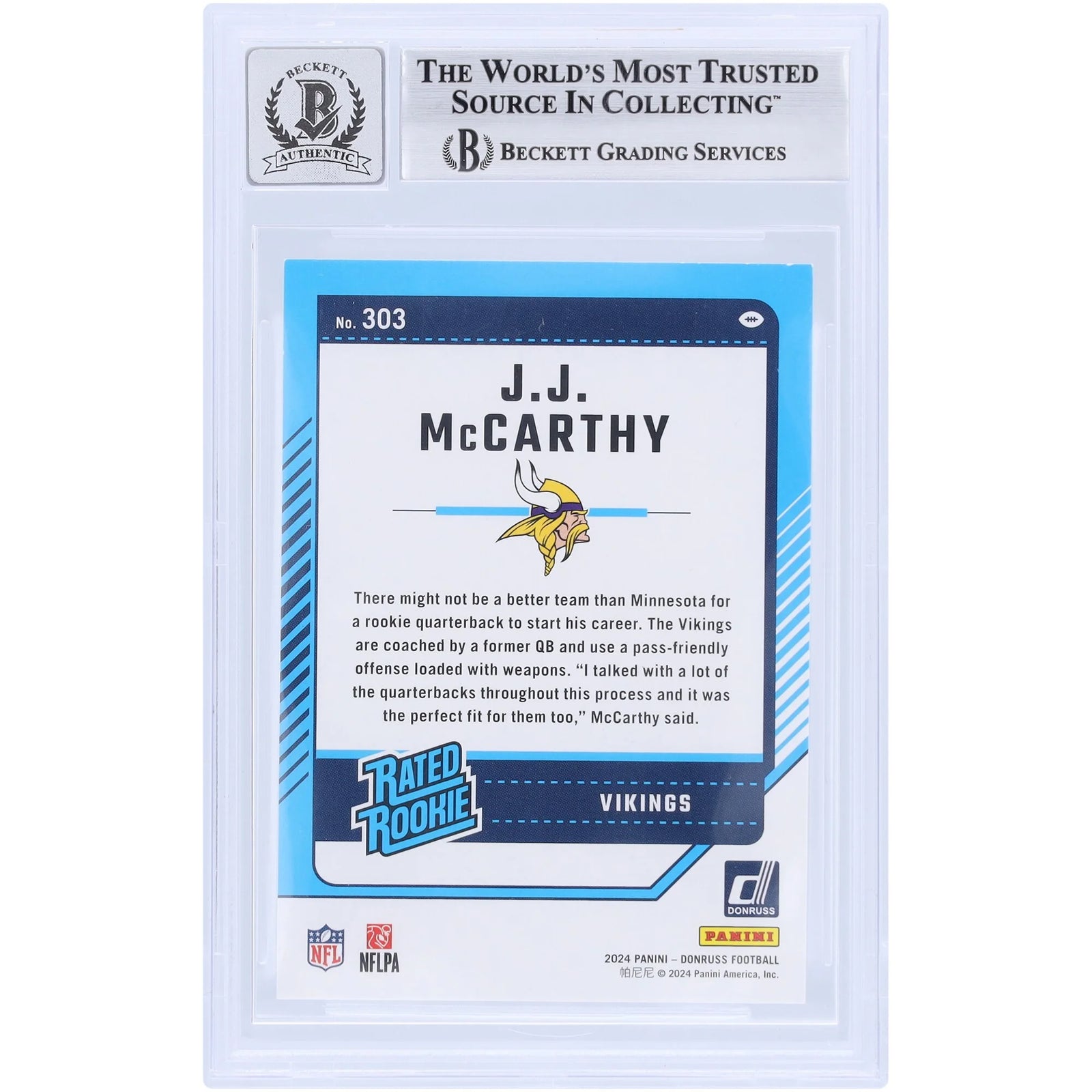 J.J. McCarthy Signed 2024 Panini Donruss #303 Rookie Card | Beckett Authenticated