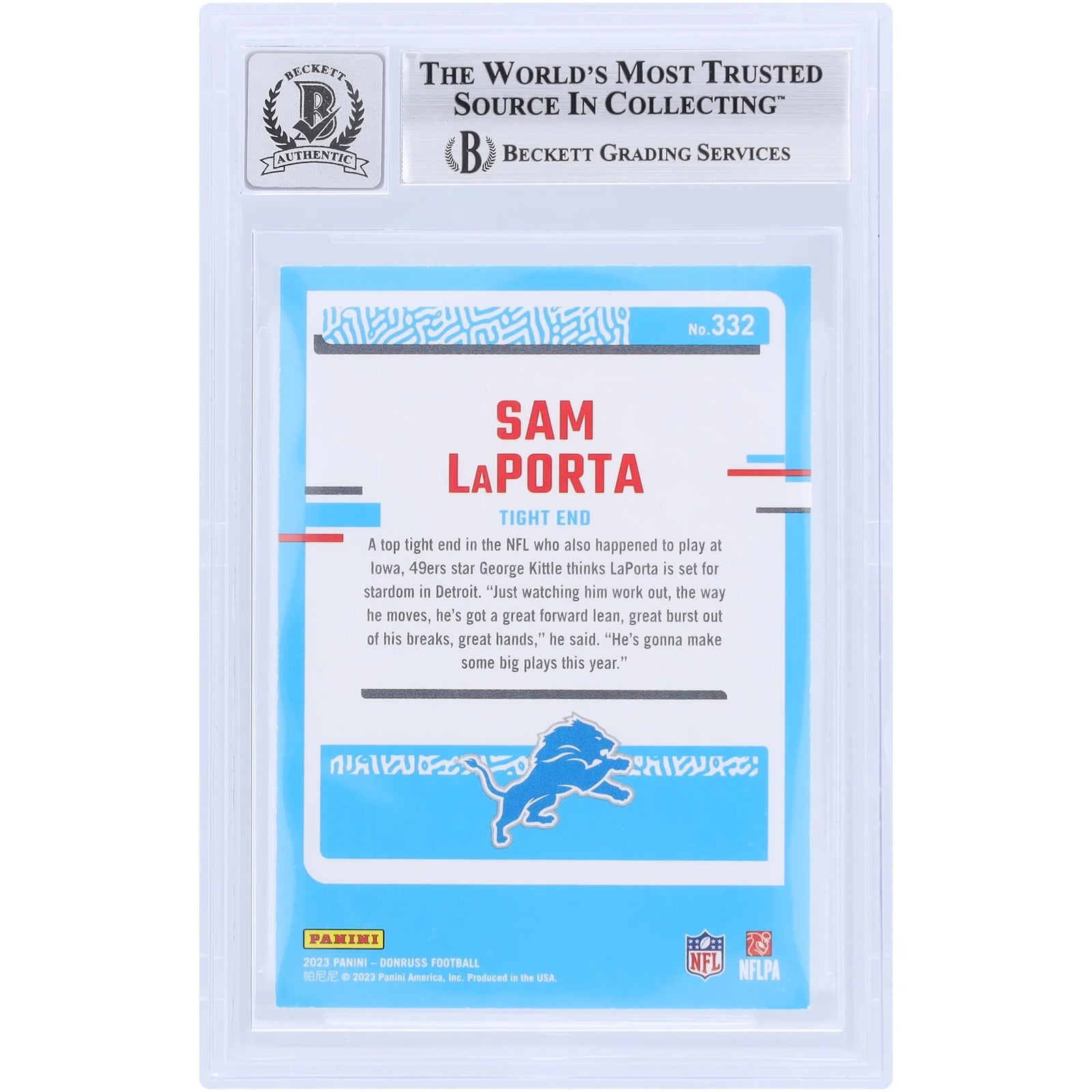 Sam LaPorta Signed 2023 Panini Donruss #332 Rookie Card | Beckett 10