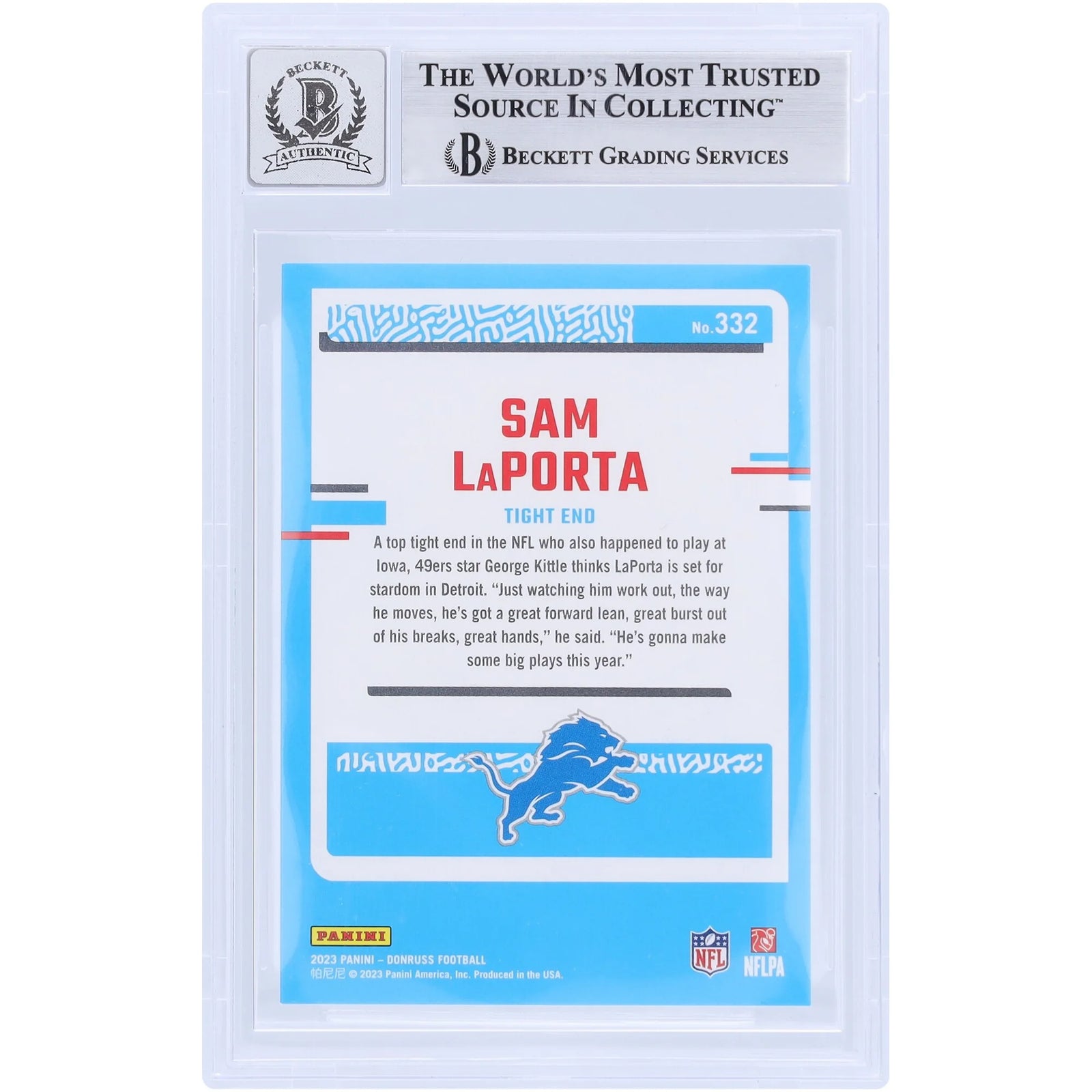 Sam LaPorta Signed 2023 Panini Donruss #332 Rookie Card | Beckett 9